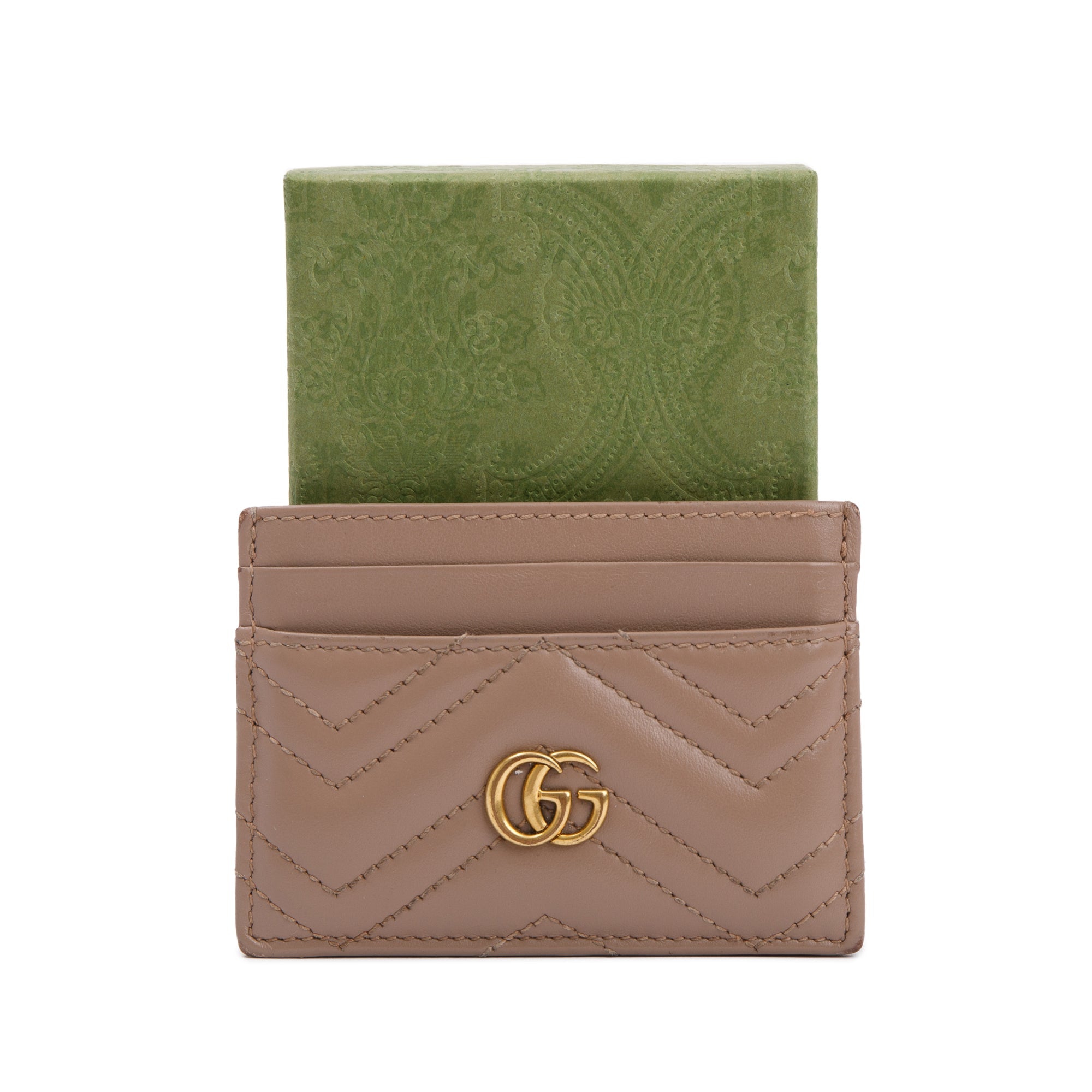 Gucci Neutral Calfskin Leather GG Marmont Card Holder w/ Box