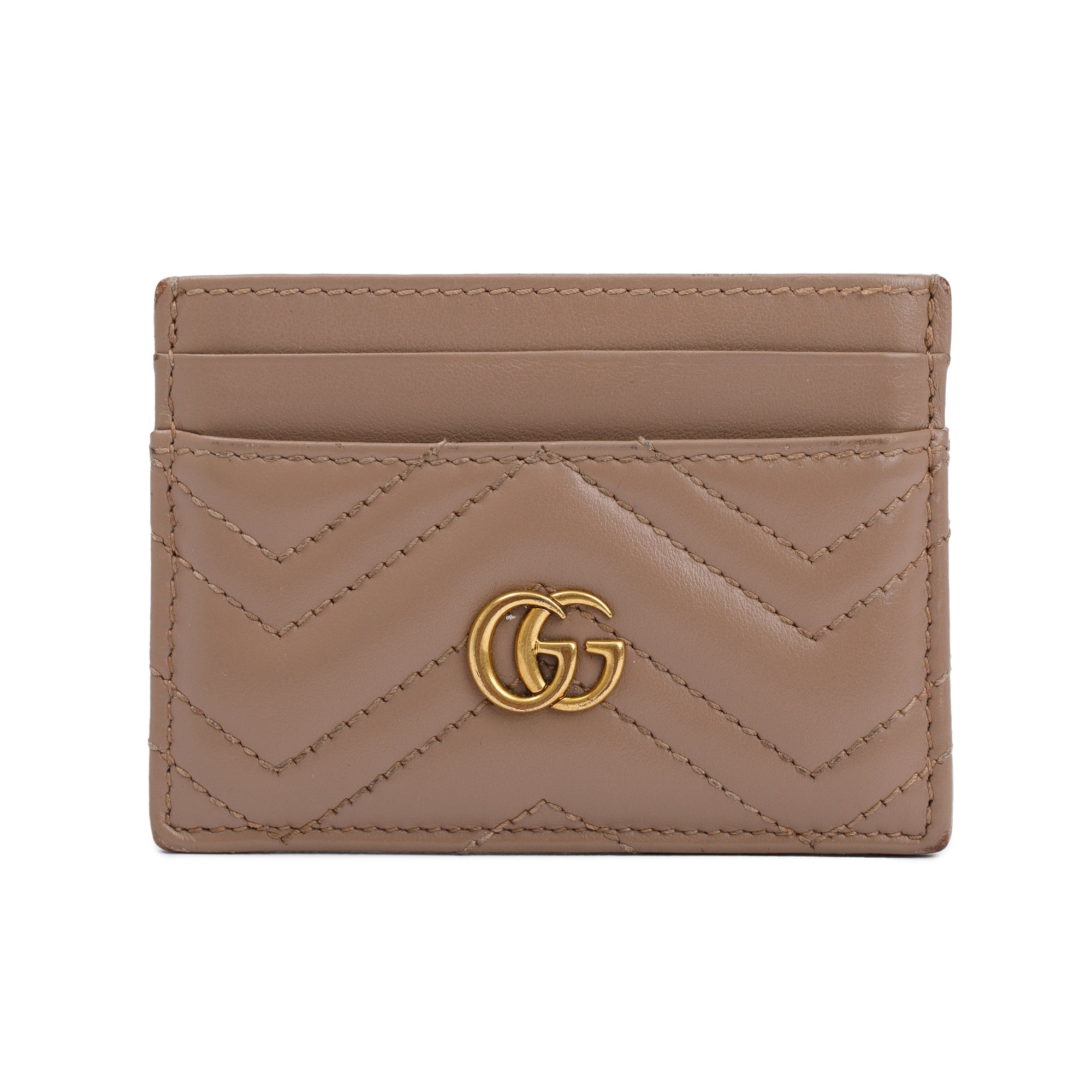 Gucci Neutral Calfskin Leather GG Marmont Card Holder w/ Box