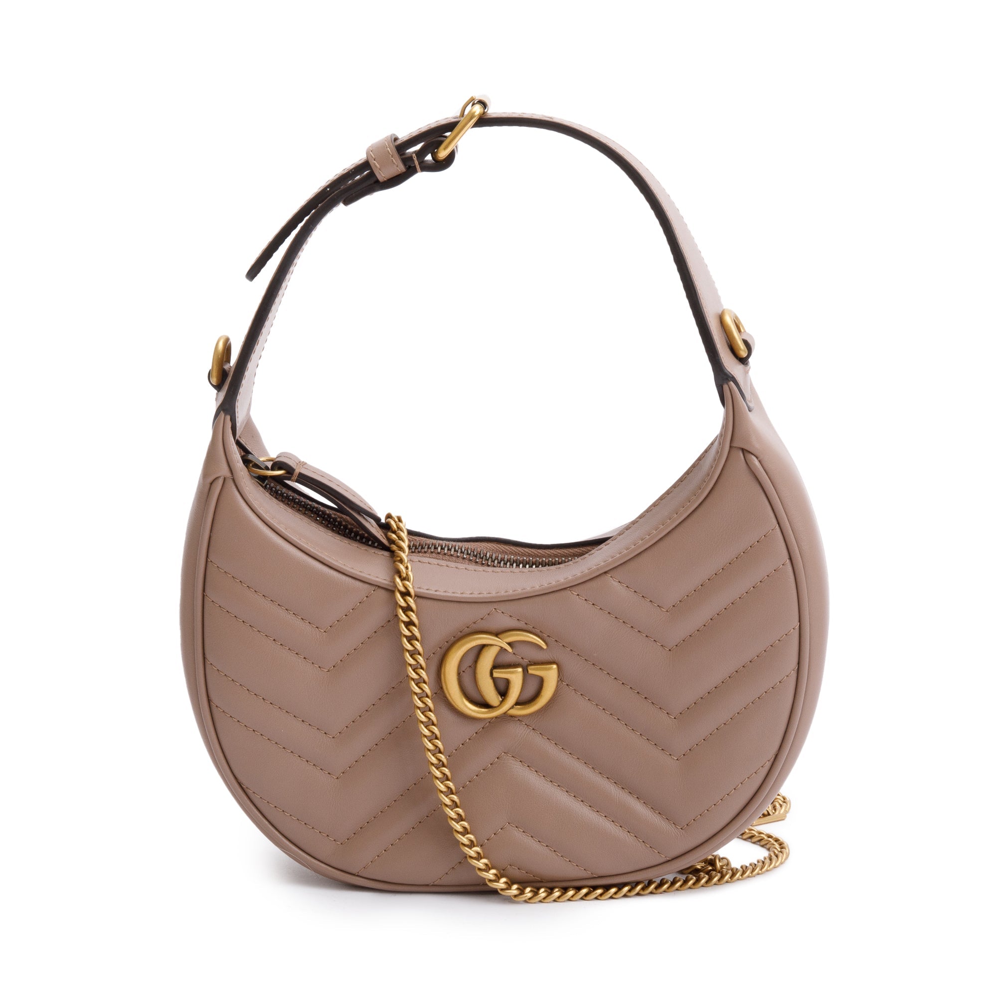 Gucci Neutral GG Marmont Half-Moon Shaped Mini Bag