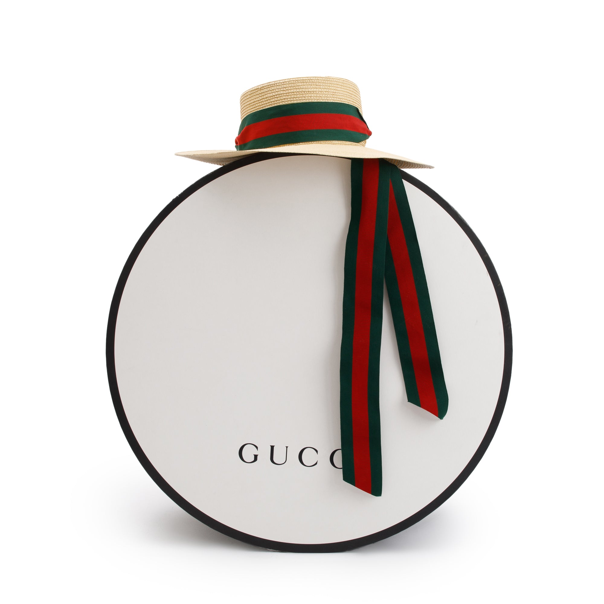 Gucci Neutral Lame Woven Paper Hat with Green & Red Web Grosgrain Ribbon, Size M 57 w/ Box