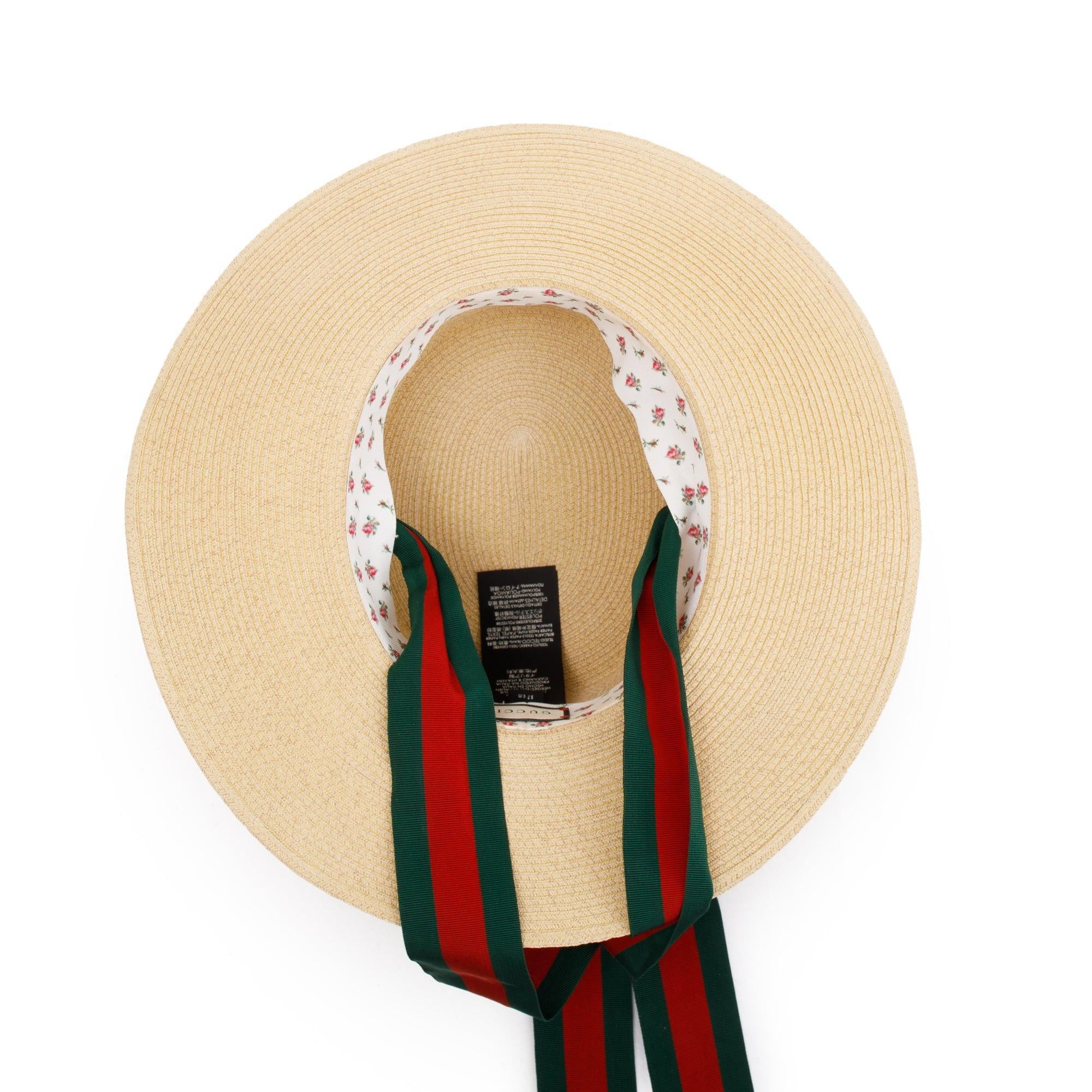 Gucci Neutral Lame Woven Paper Hat with Green & Red Web Grosgrain Ribbon, Size M 57 w/ Box