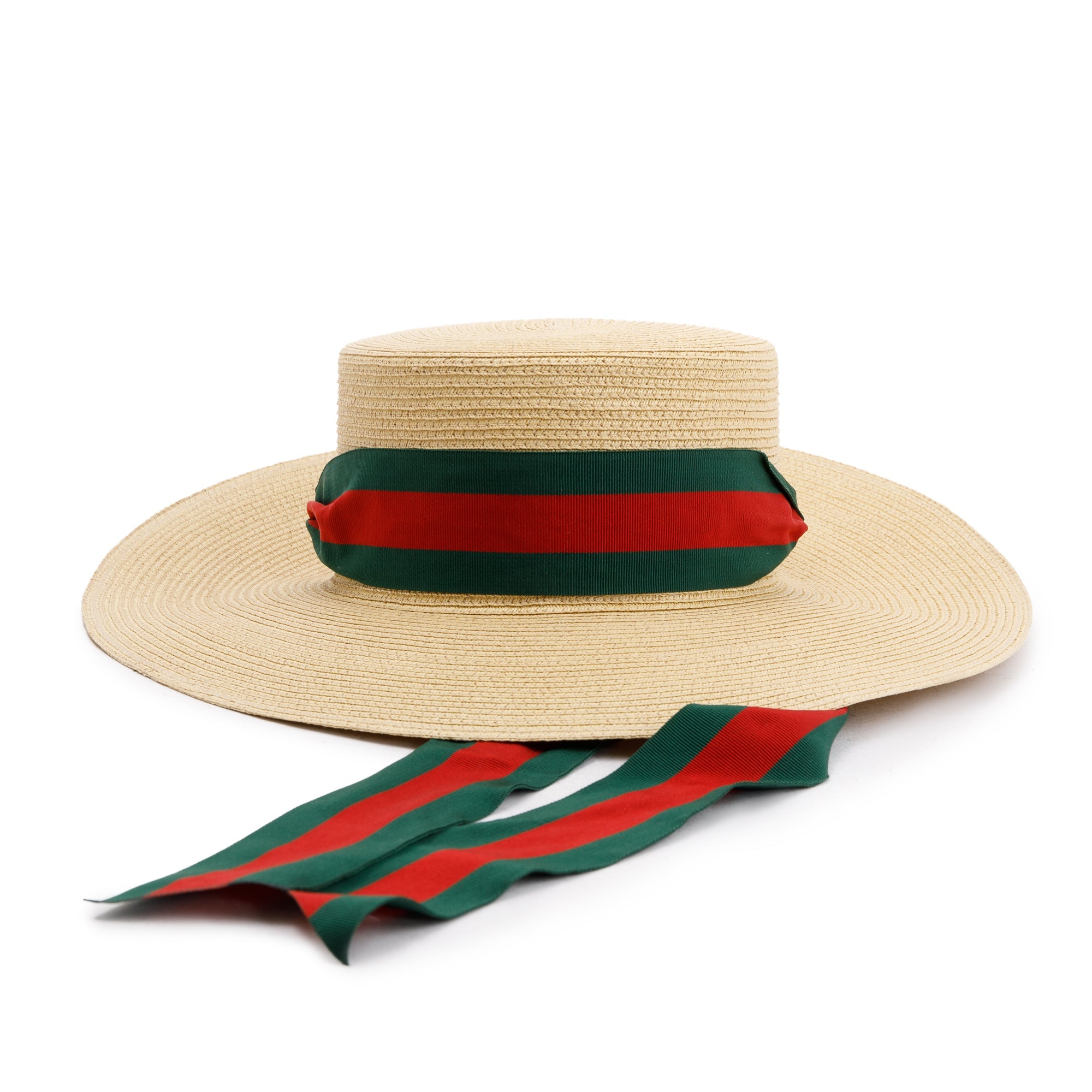Gucci Neutral Lame Woven Paper Hat with Green & Red Web Grosgrain Ribbon, Size M 57 w/ Box