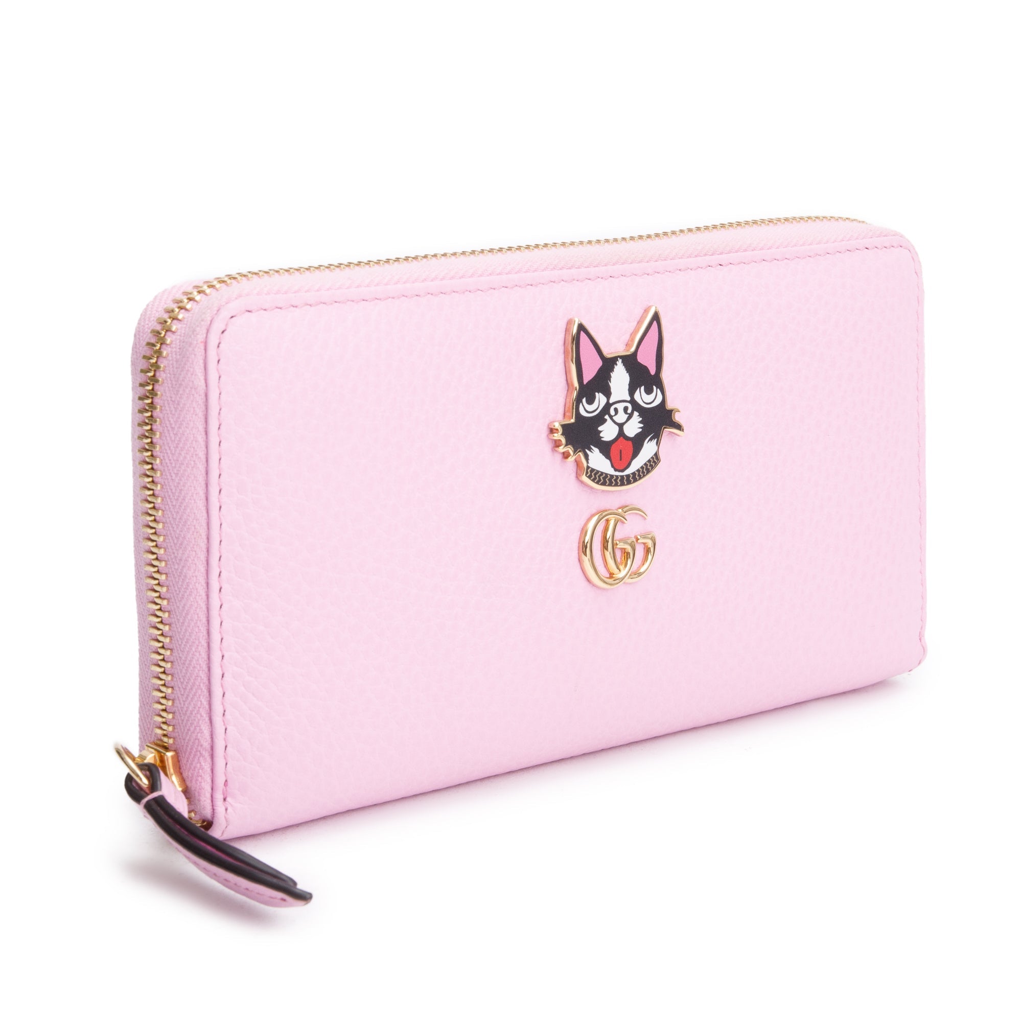 Gucci Pink Calfskin Leather Dollar GG Marmont Bosco Zip Around Wallet w/ Box & Receipt