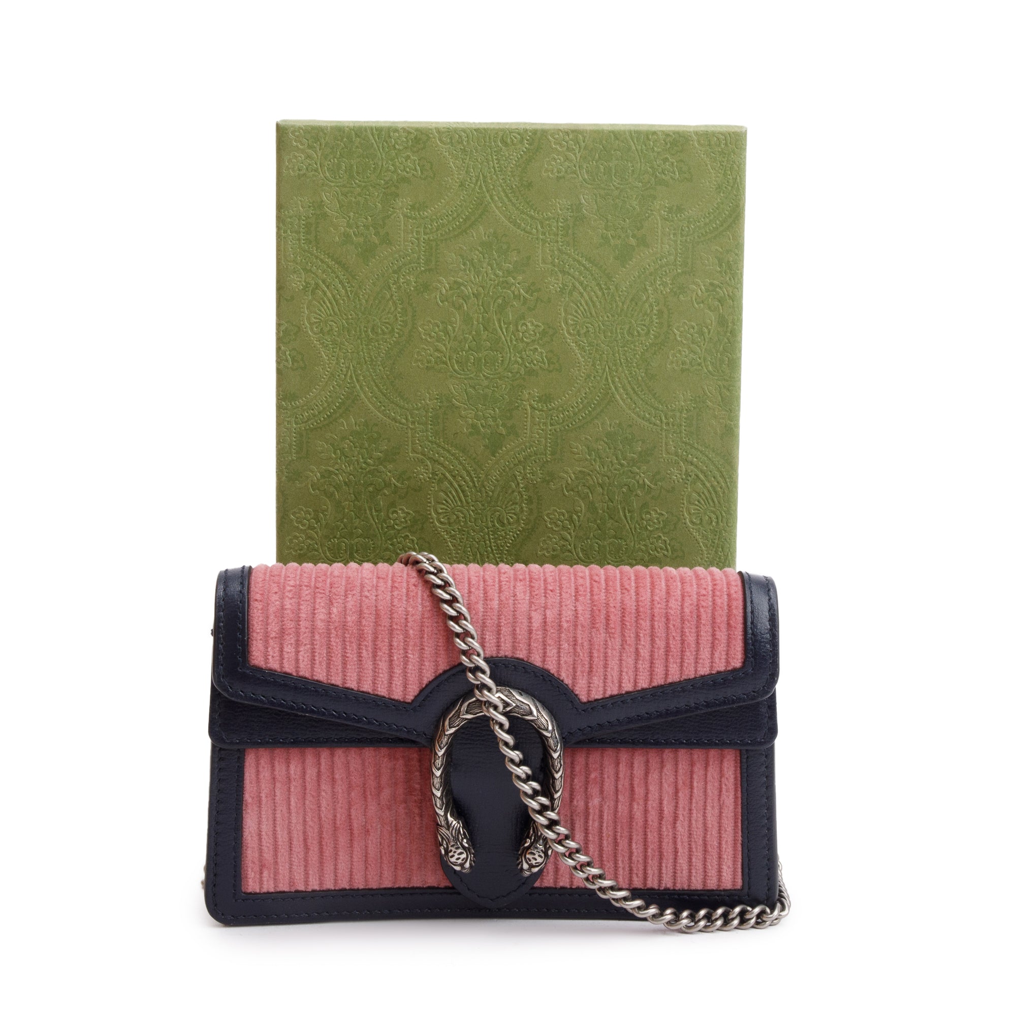 Gucci Pink Corduroy Navy Leather Dionysus Super Mini Bag w/ Box
