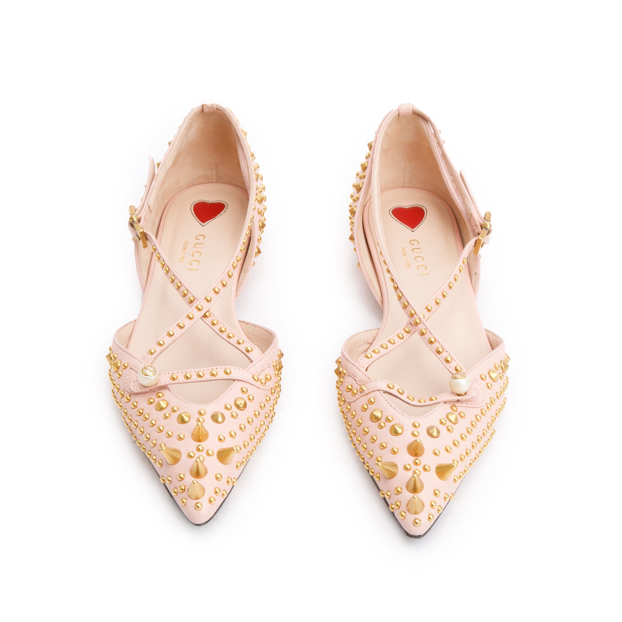 Gucci Pink Leather Faux Pearl Studded Accent Flats, Size 36