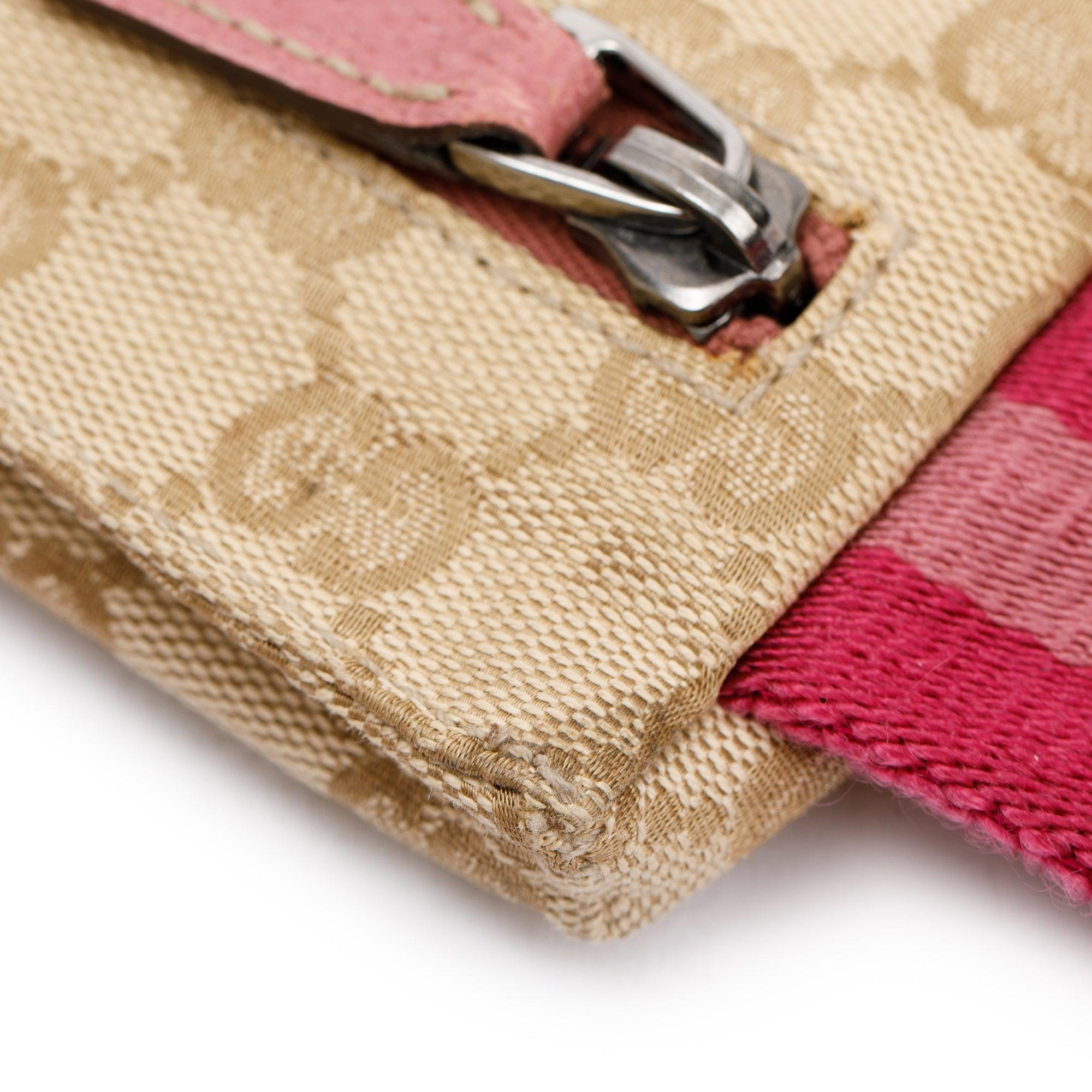 Gucci Pink Leather GG Canvas Web Double Pocket Small Belt Bag