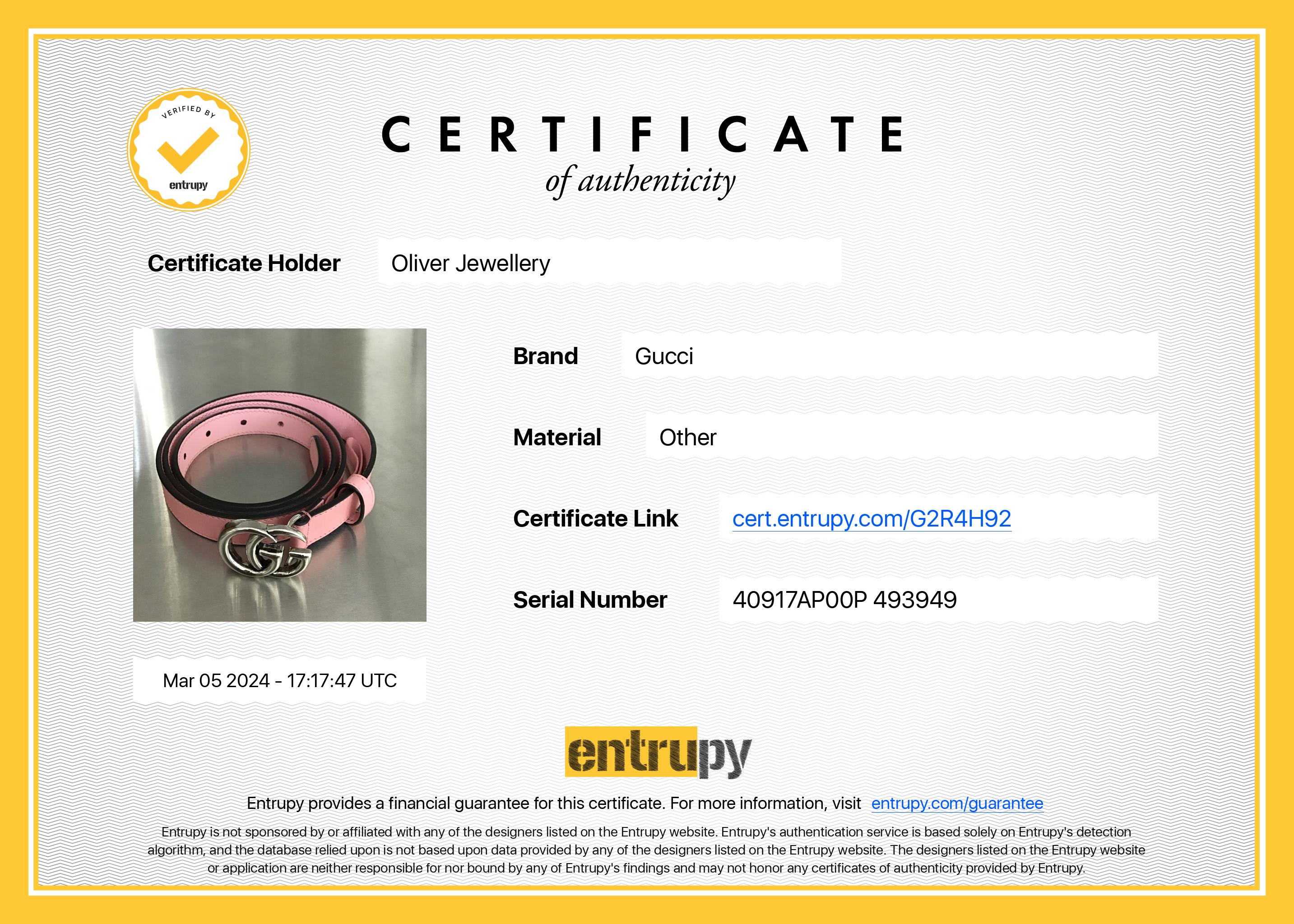 Gucci Pink Leather Thin Belt with Double G Buckle, 85 34 w/ Box