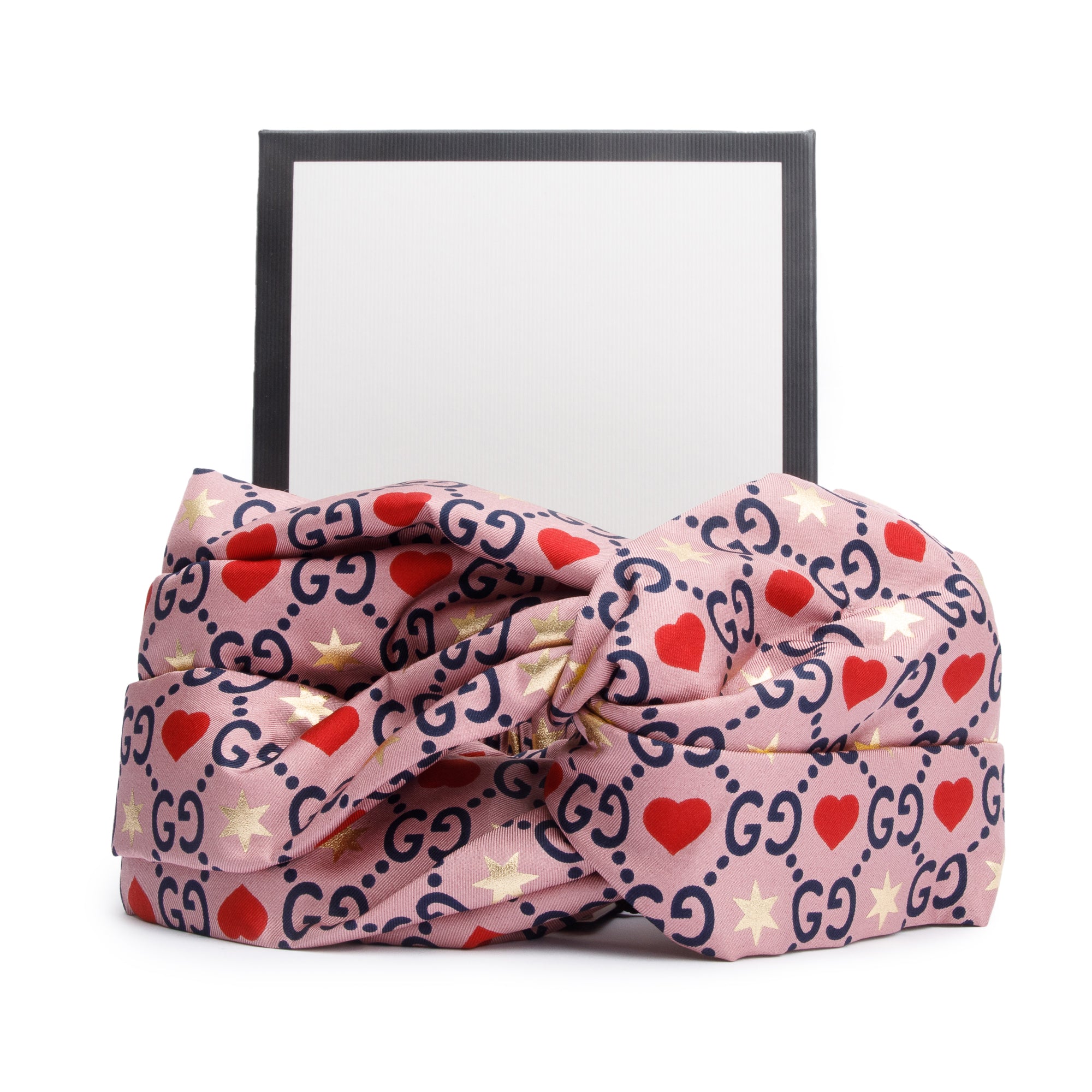 Gucci Pink & Multicolor GG Heart Star Print Silk Headband Size M 57 w/ Box