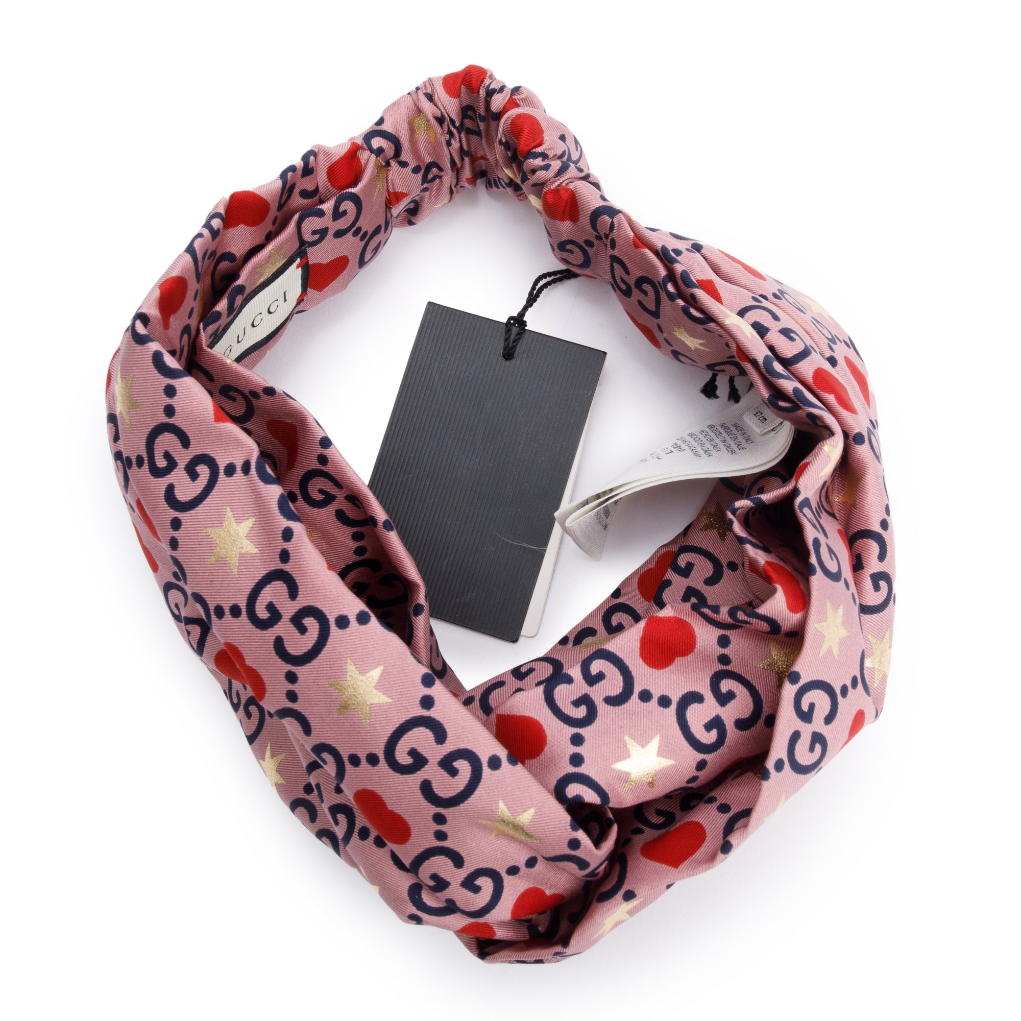 Gucci Pink & Multicolor GG Heart Star Print Silk Headband Size M 57 w/ Box