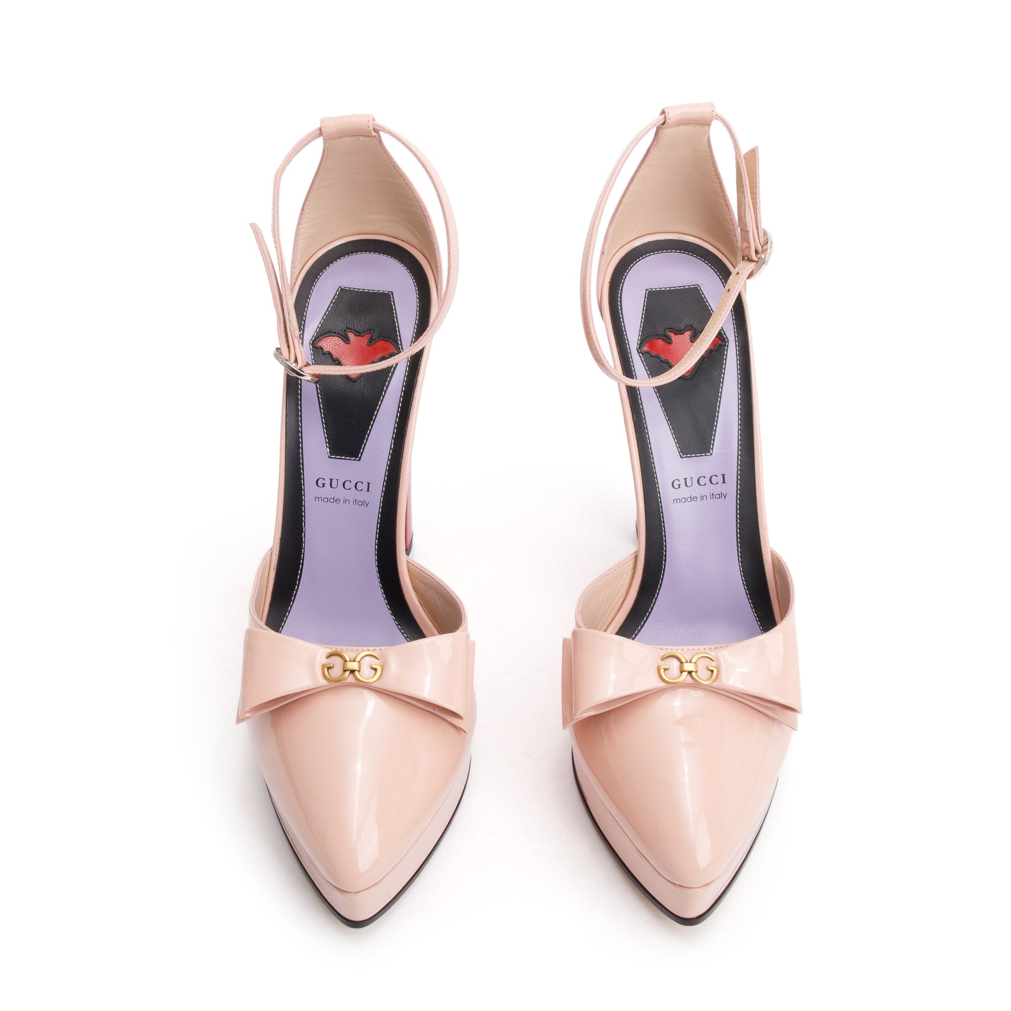 Gucci Pink Patent Leather Crystal GG Bow Sadie Spike Ankle Strap d'Orsay Platform Pumps, Size 39