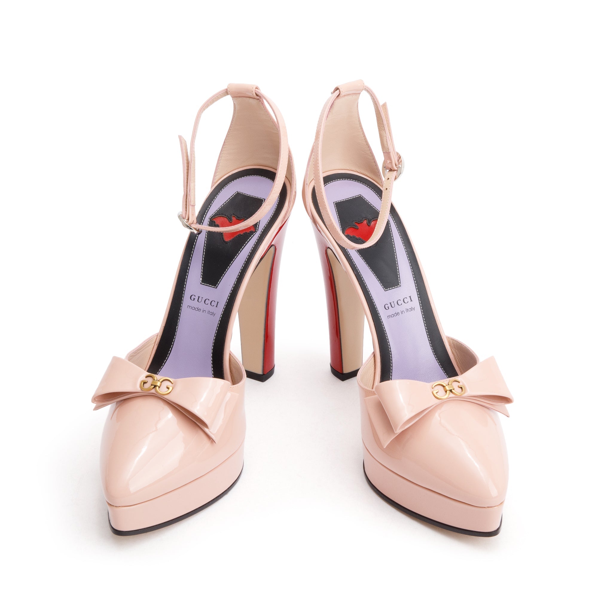 Gucci Pink Patent Leather Crystal GG Bow Sadie Spike Ankle Strap d'Orsay Platform Pumps, Size 39