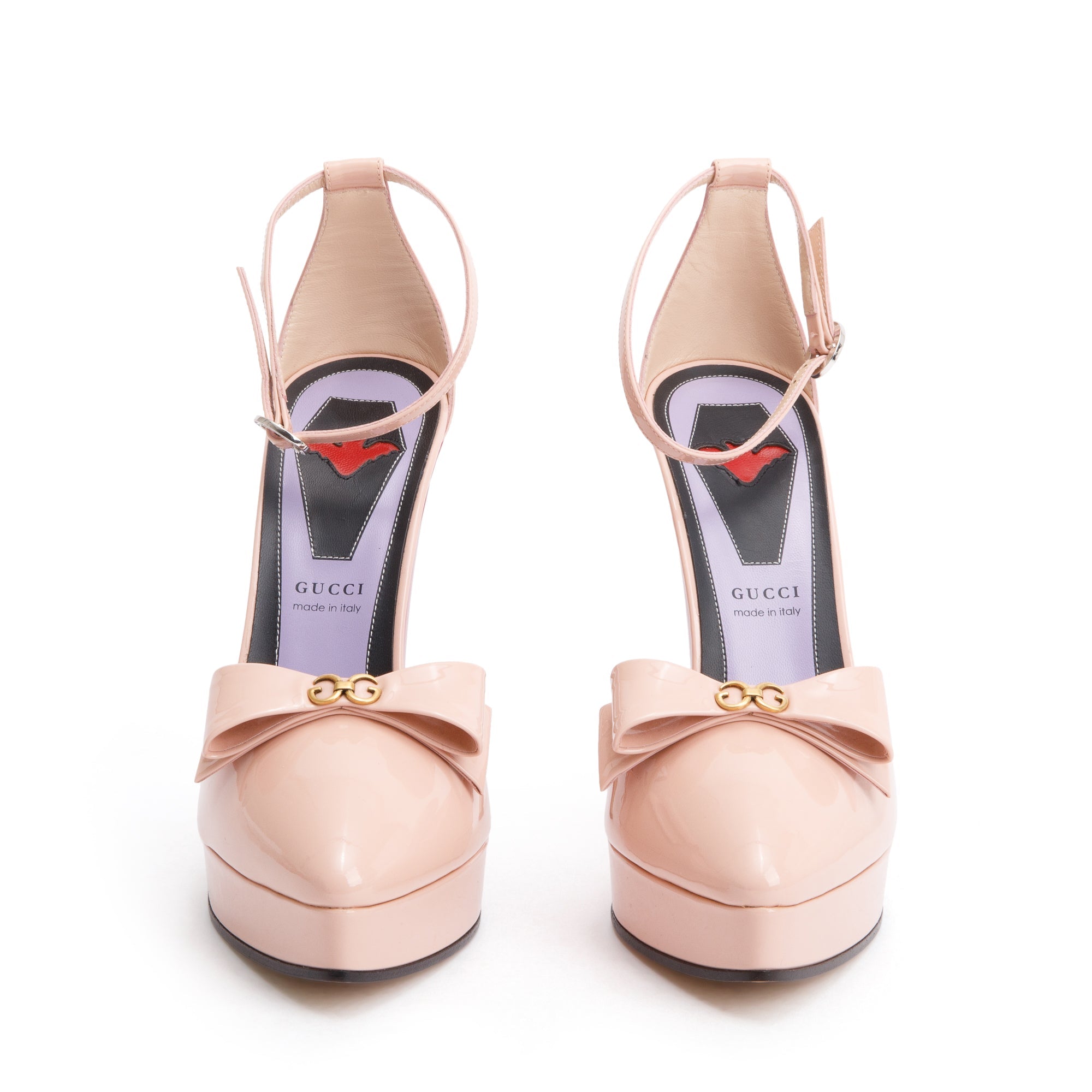 Gucci Pink Patent Leather Crystal GG Bow Sadie Spike Ankle Strap d'Orsay Platform Pumps, Size 39