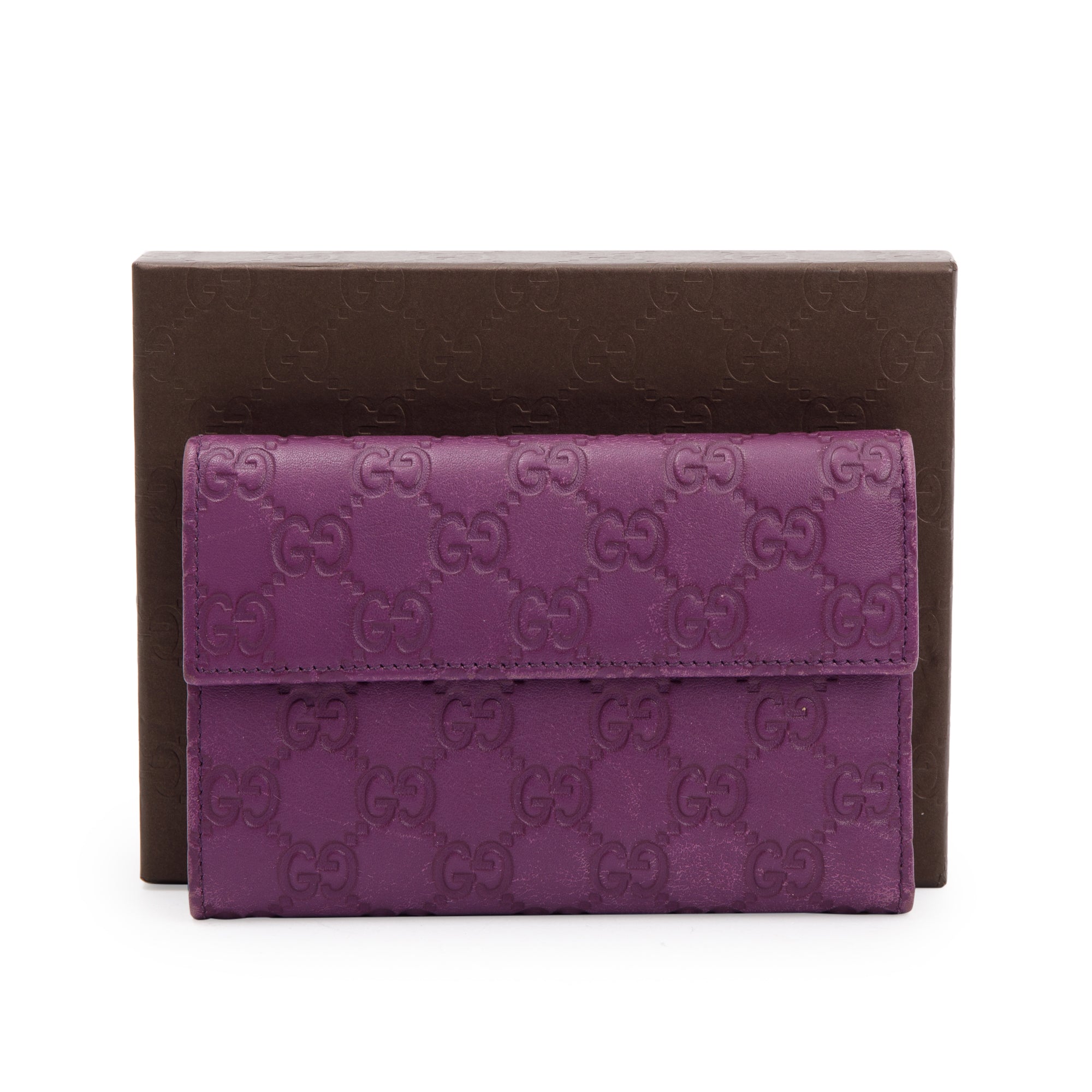 Gucci Purple Signature Leather Compact Flap Wallet w/ Box