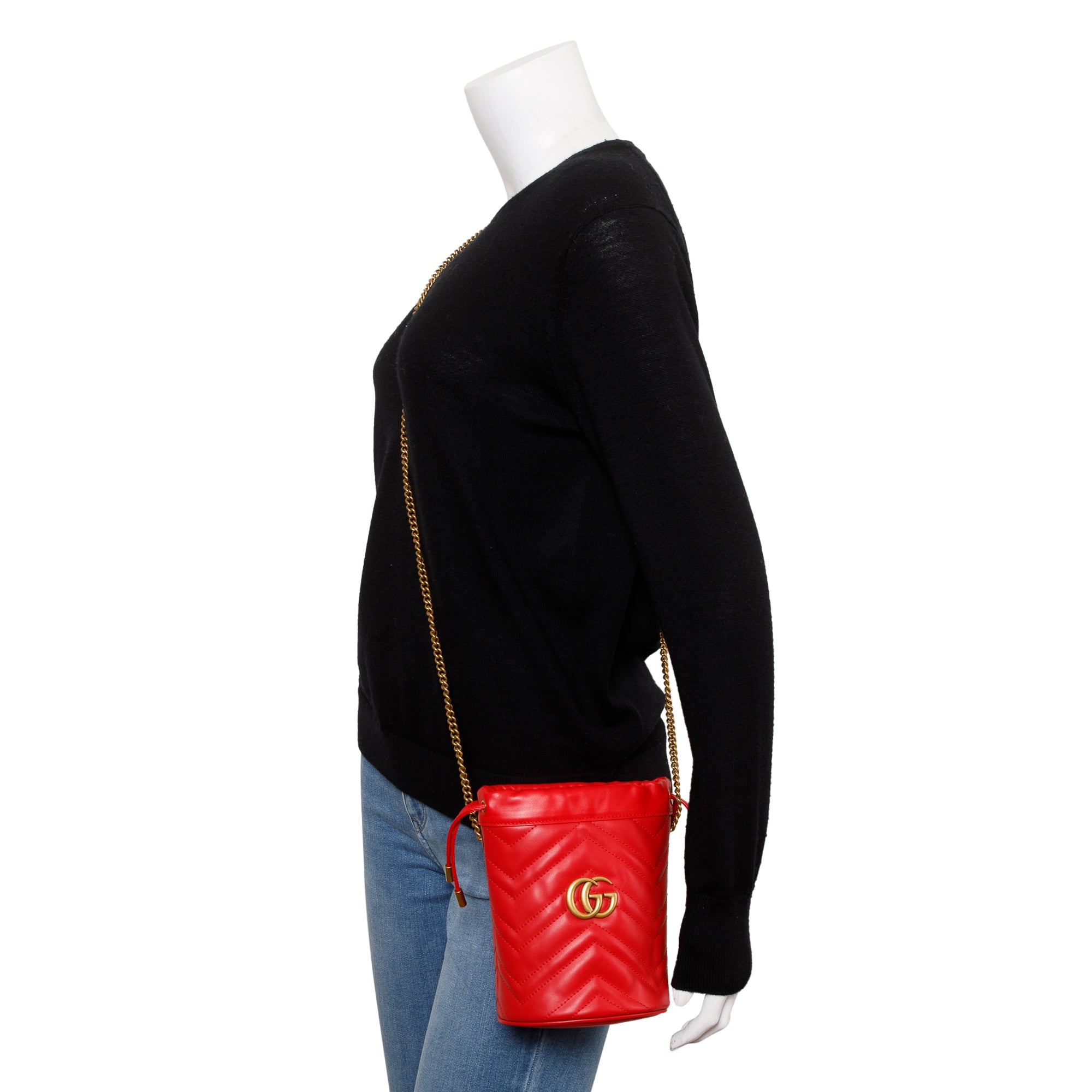Gucci Red Calfskin Leather GG Marmont Mini Bucket Bag