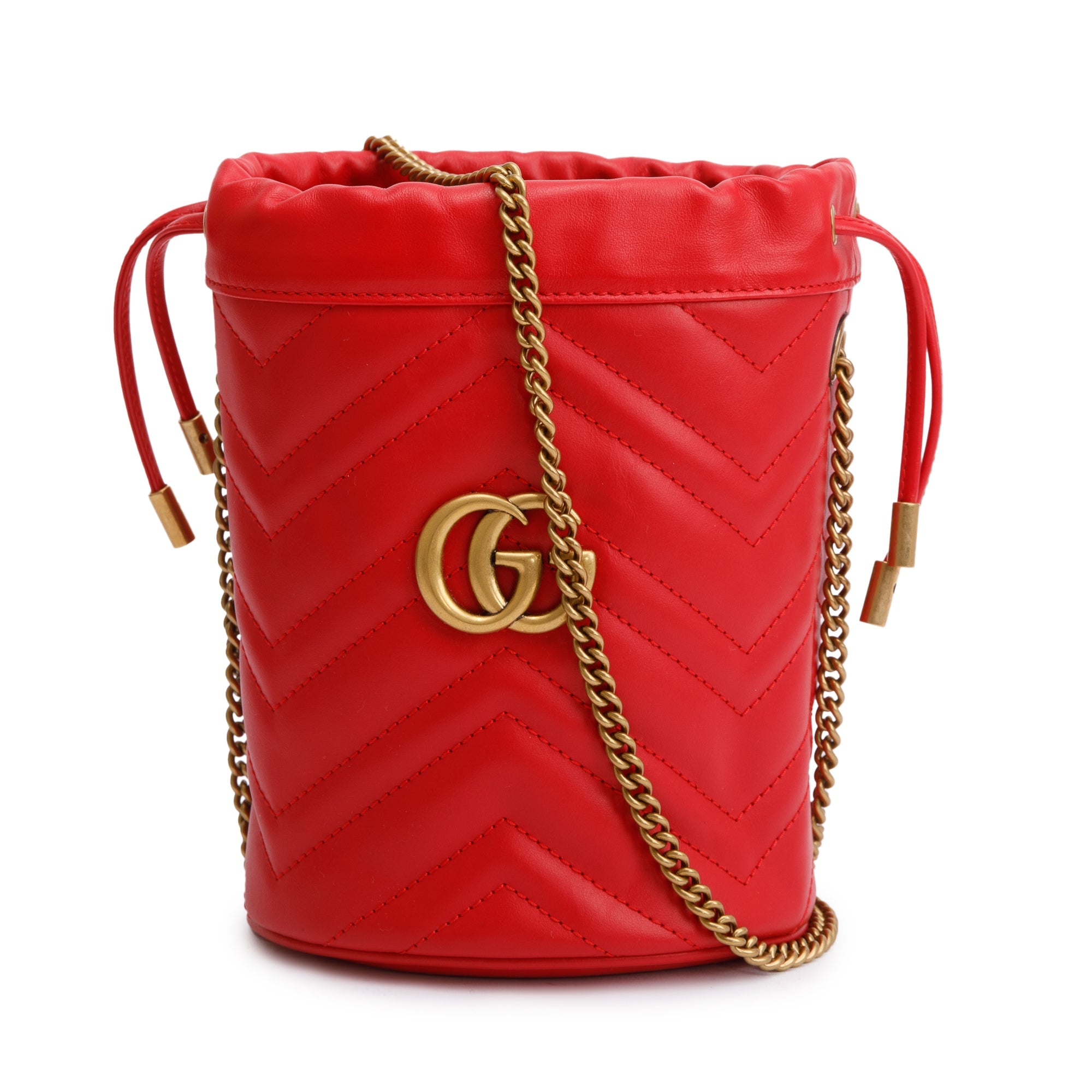 Gucci Red Calfskin Leather GG Marmont Mini Bucket Bag
