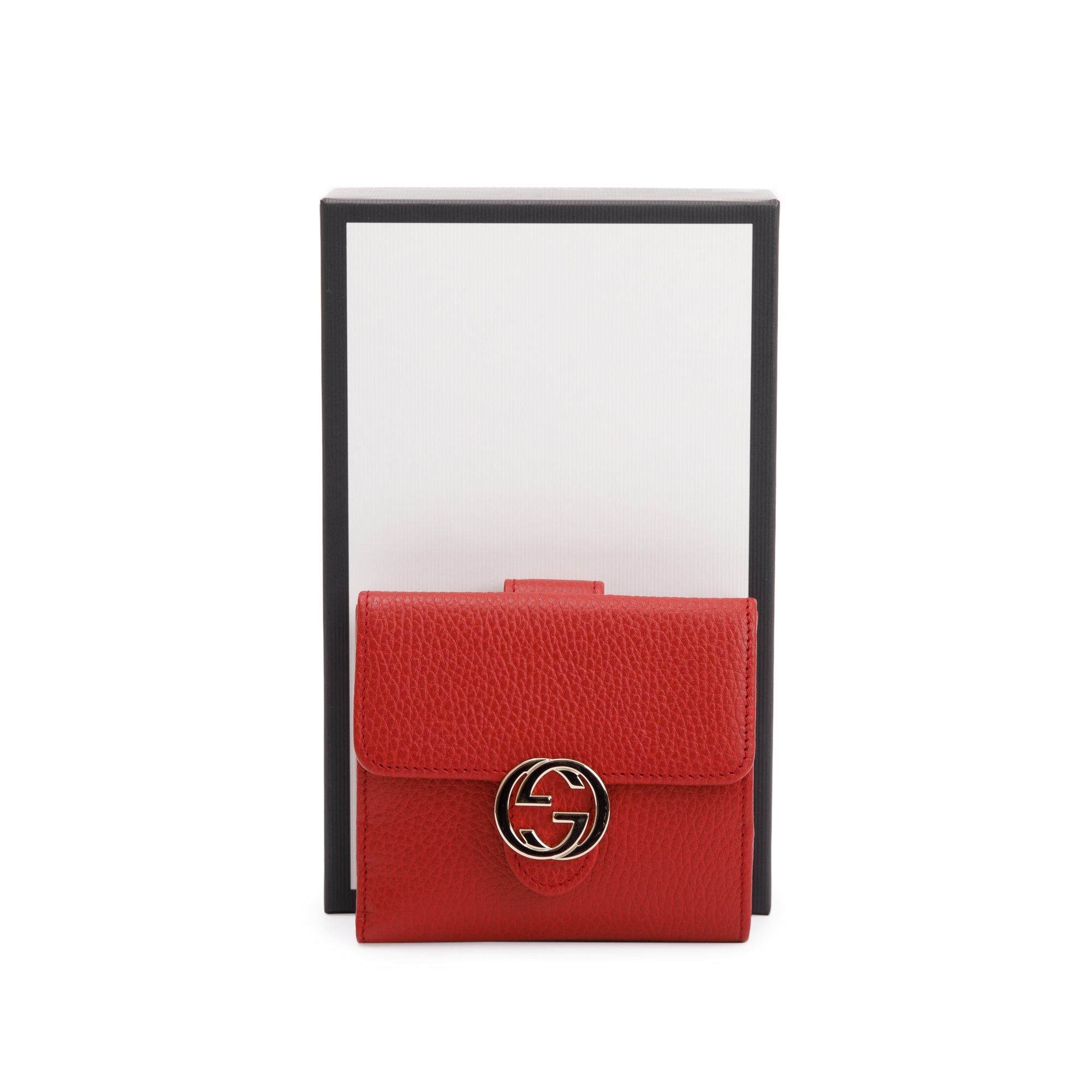 Gucci Red Calfskin Leather Interlocking G Logo Dollar French Wallet w/ Box