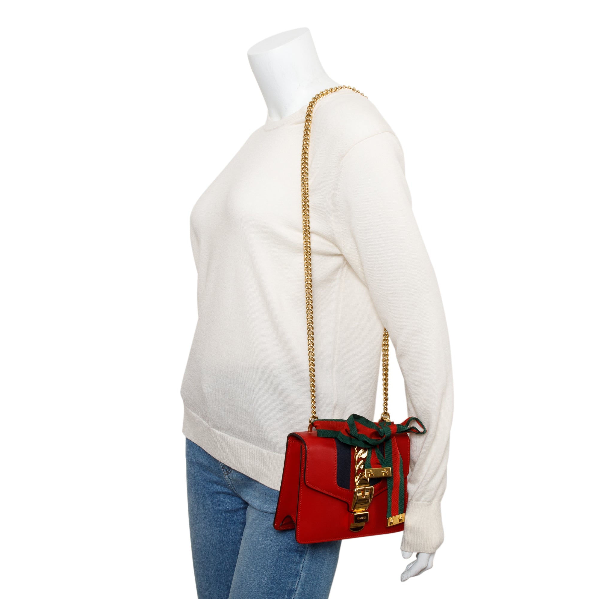 Gucci Red Calfskin Leather Web Small Sylvie Chain Shoulder Bag