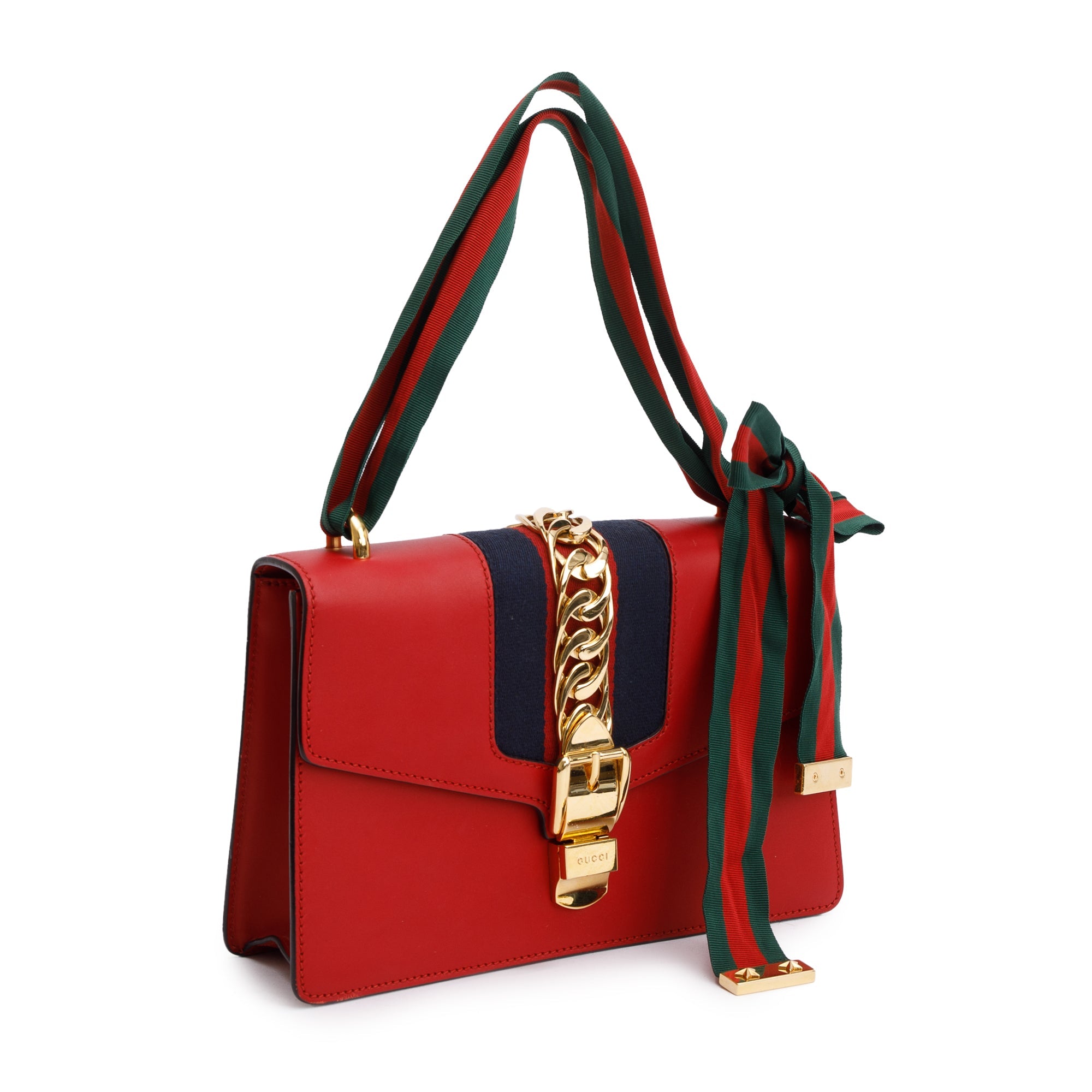 Gucci Red Calfskin Leather Web Small Sylvie Chain Shoulder Bag