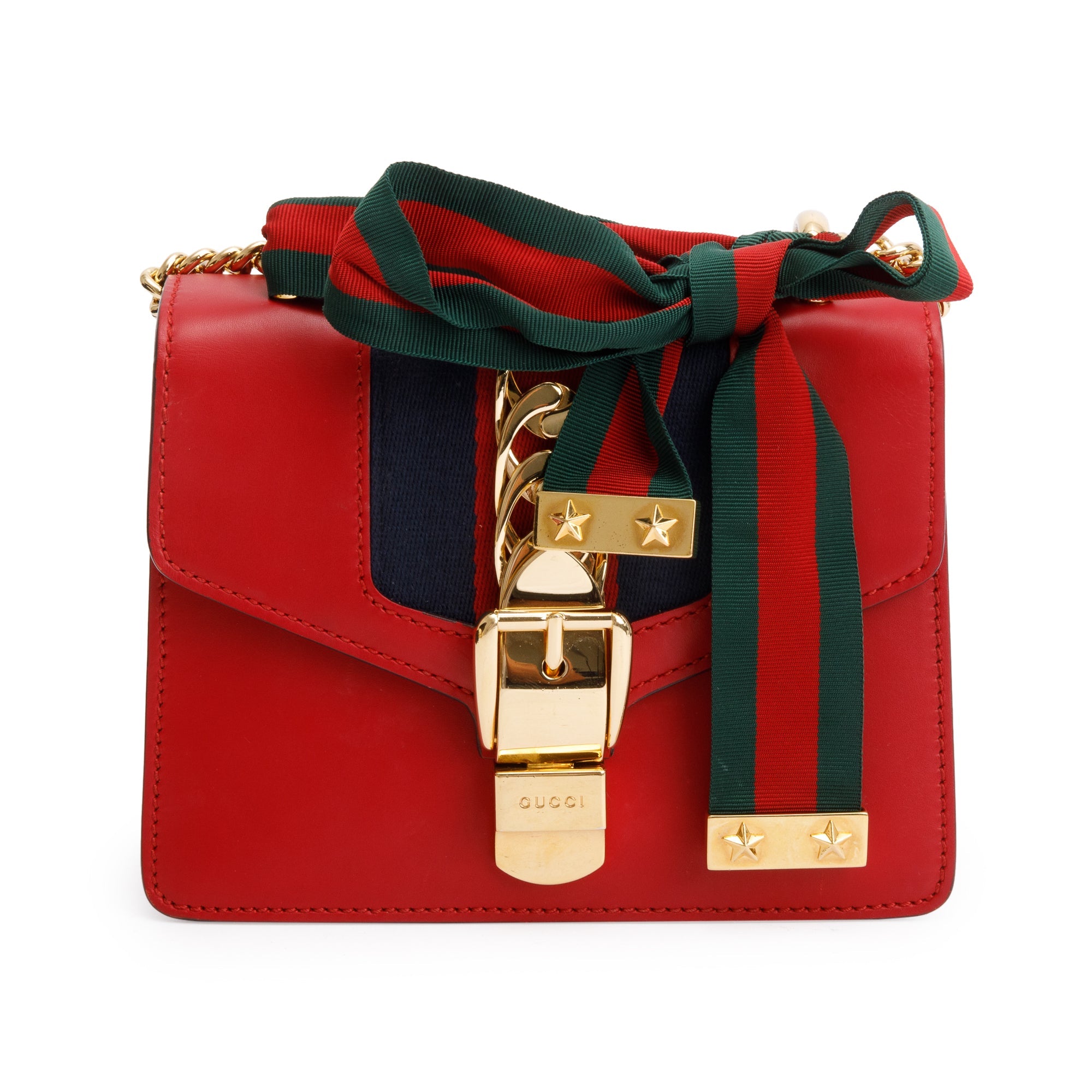 Gucci Red Calfskin Leather Web Small Sylvie Chain Shoulder Bag