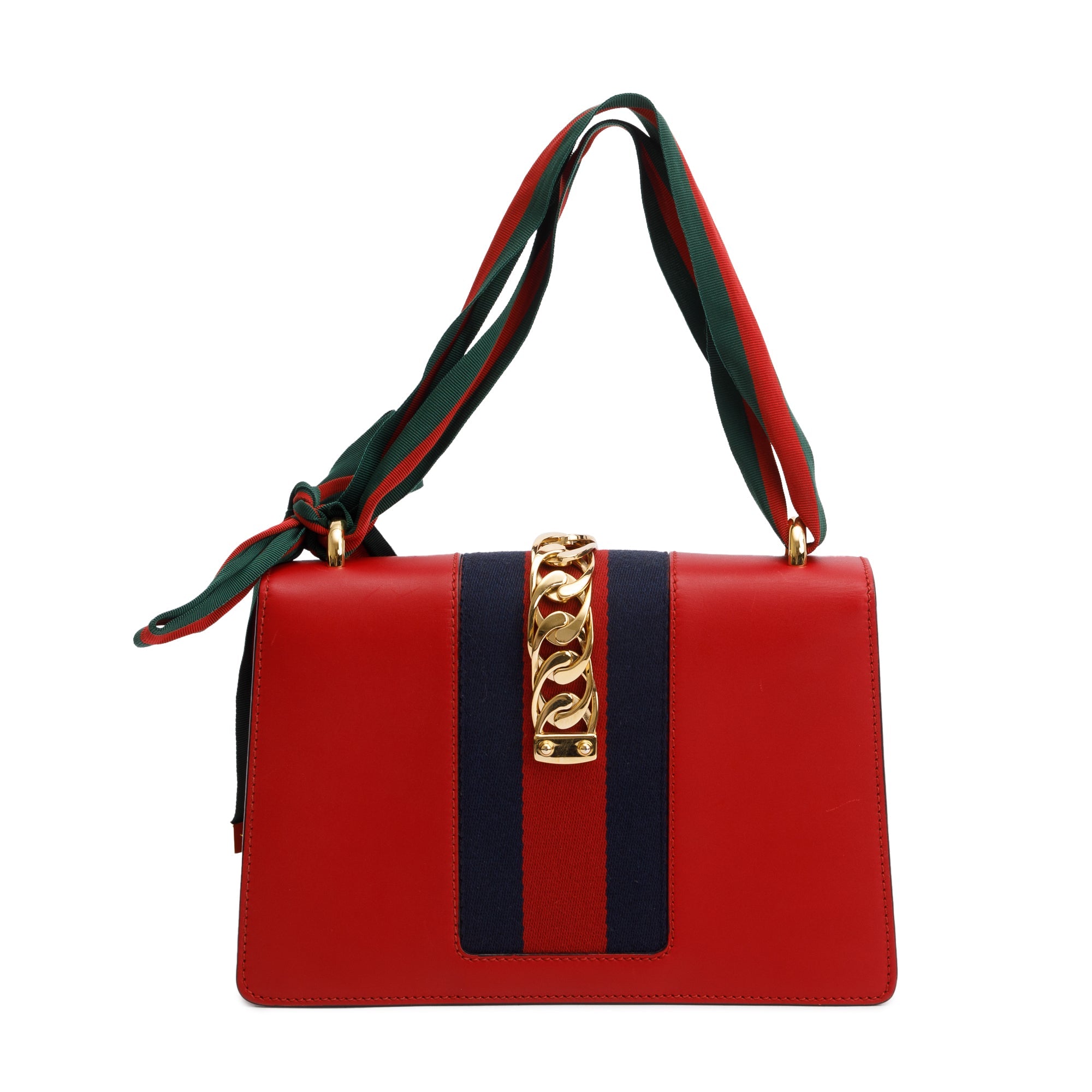 Gucci Red Calfskin Leather Web Small Sylvie Chain Shoulder Bag