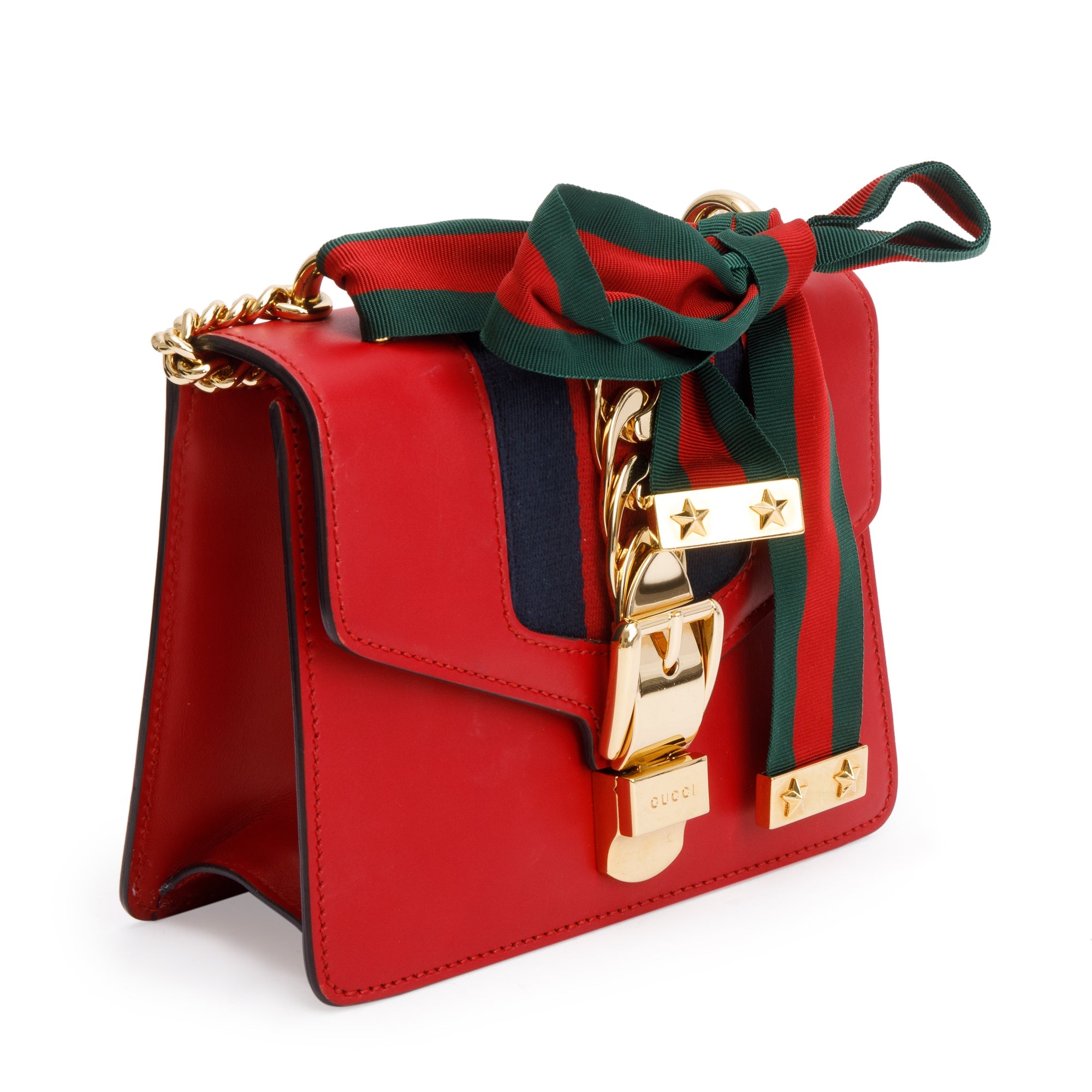 Gucci Red Calfskin Leather Web Small Sylvie Chain Shoulder Bag