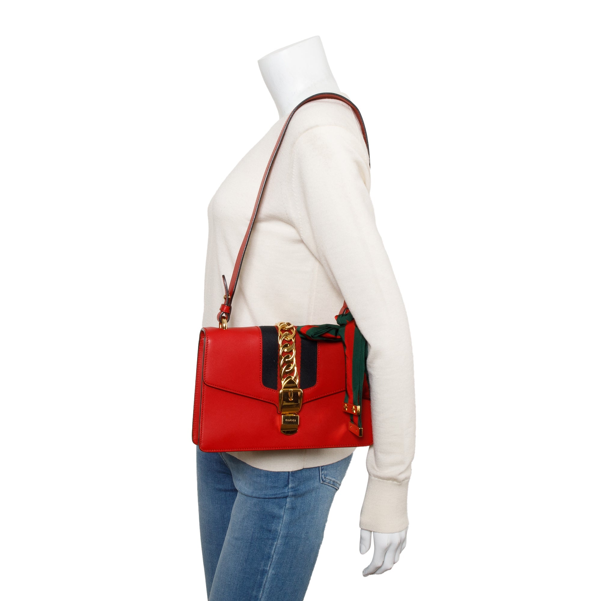 Gucci Red Calfskin Leather Web Small Sylvie Shoulder Bag