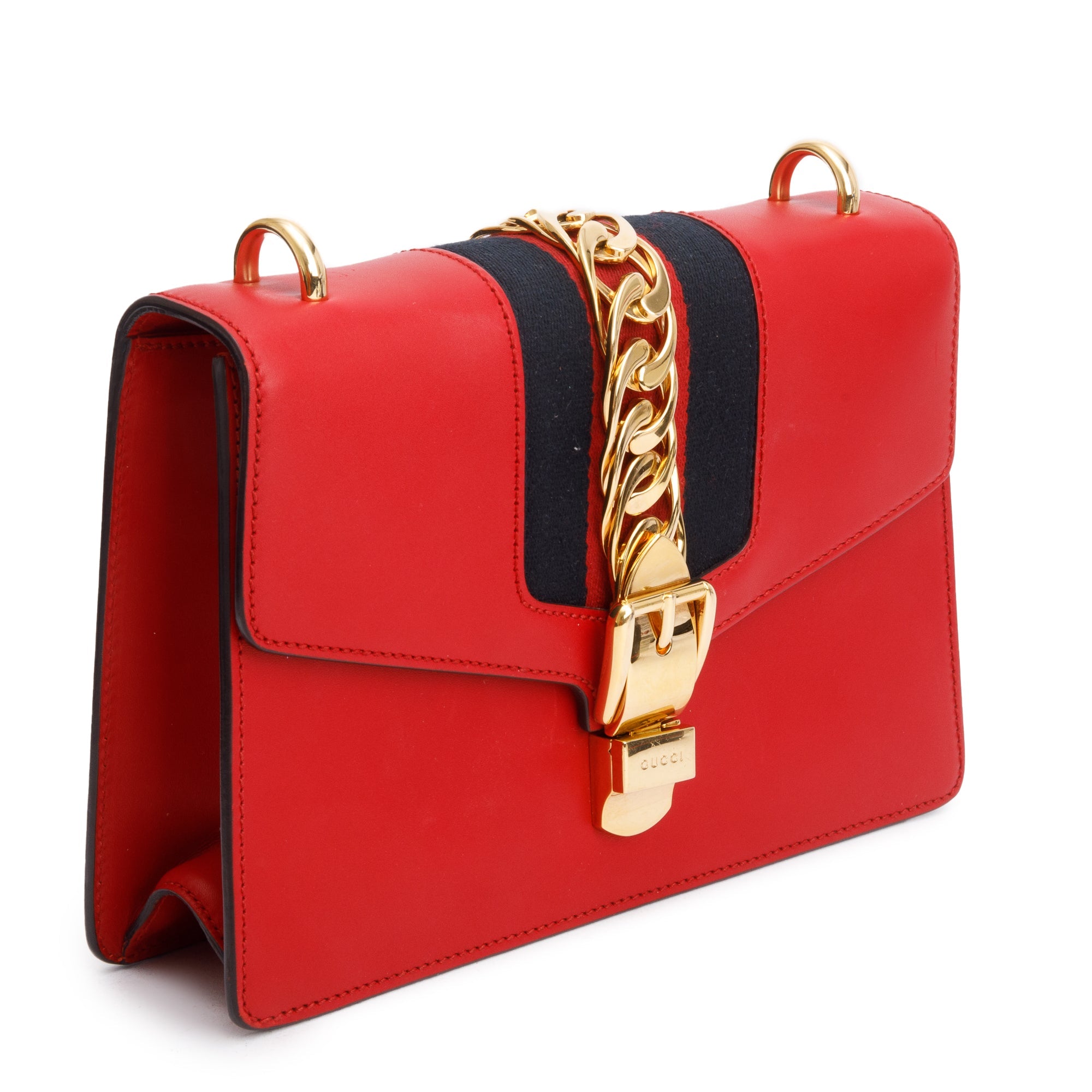 Gucci Red Calfskin Leather Web Small Sylvie Shoulder Bag