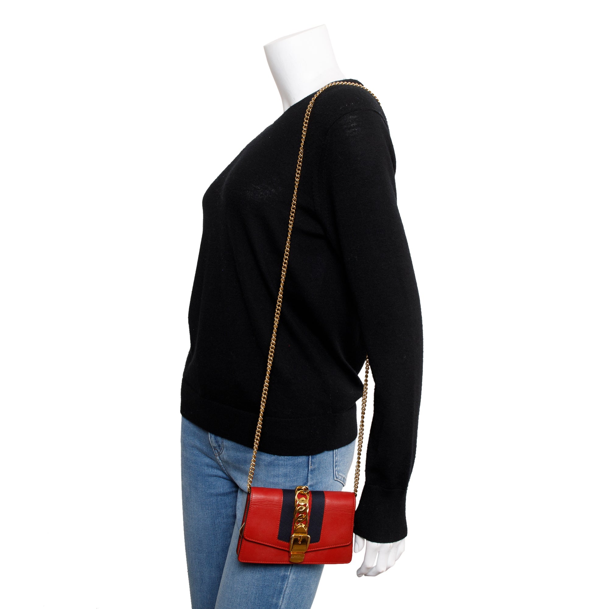 Gucci Red Calfskin Leather Web Super Mini Sylvie Chain Shoulder Bag