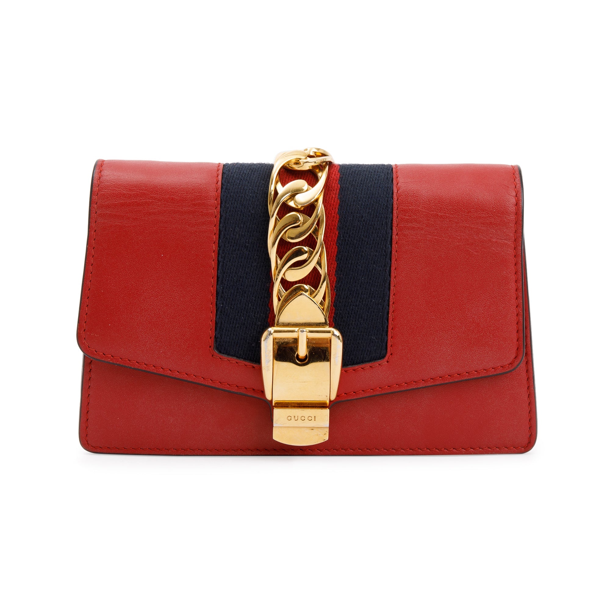 Gucci Red Calfskin Leather Web Super Mini Sylvie Chain Shoulder Bag