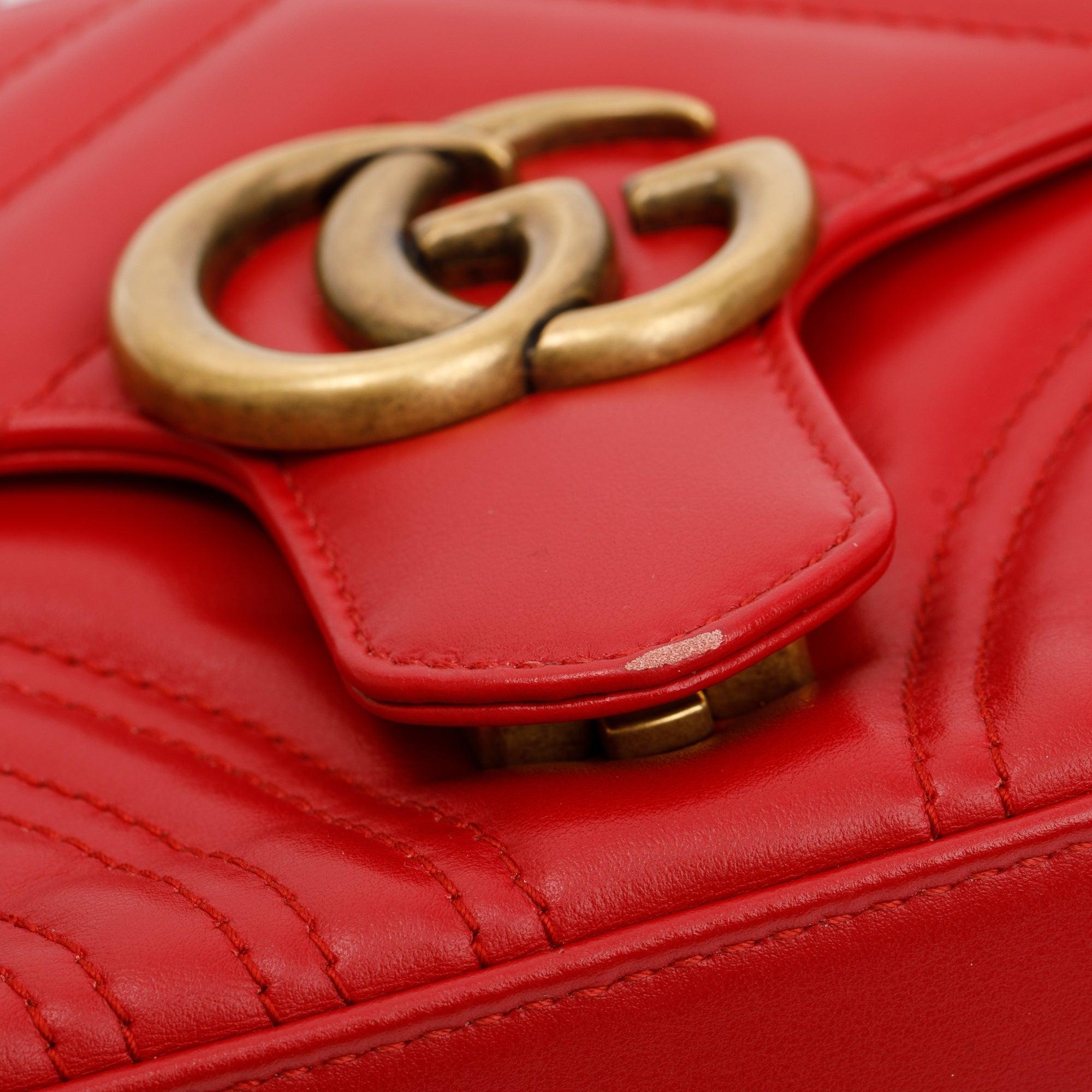 Gucci Red Calfskin Matelasse GG Marmont Mini Top Handle Shoulder Bag