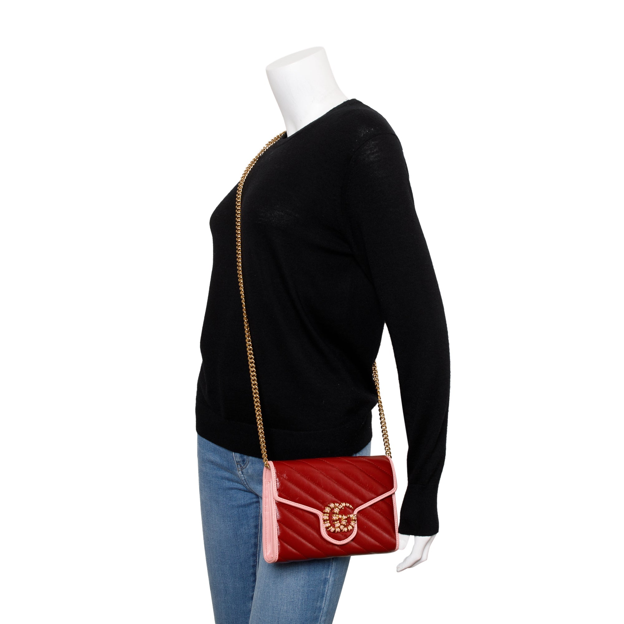 Gucci Red GG Marmont Azalea Calfskin Enamel Diagonal Torchon Wallet on Chain