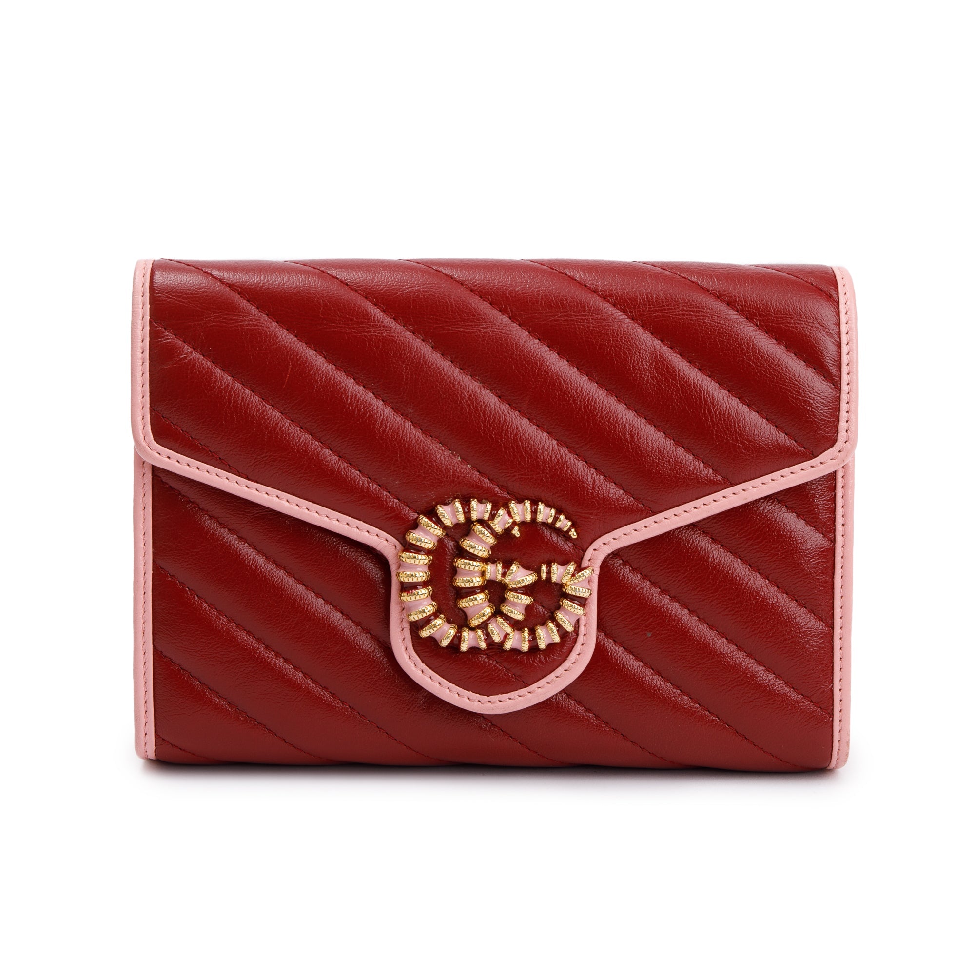 Gucci Red GG Marmont Azalea Calfskin Enamel Diagonal Torchon Wallet on Chain