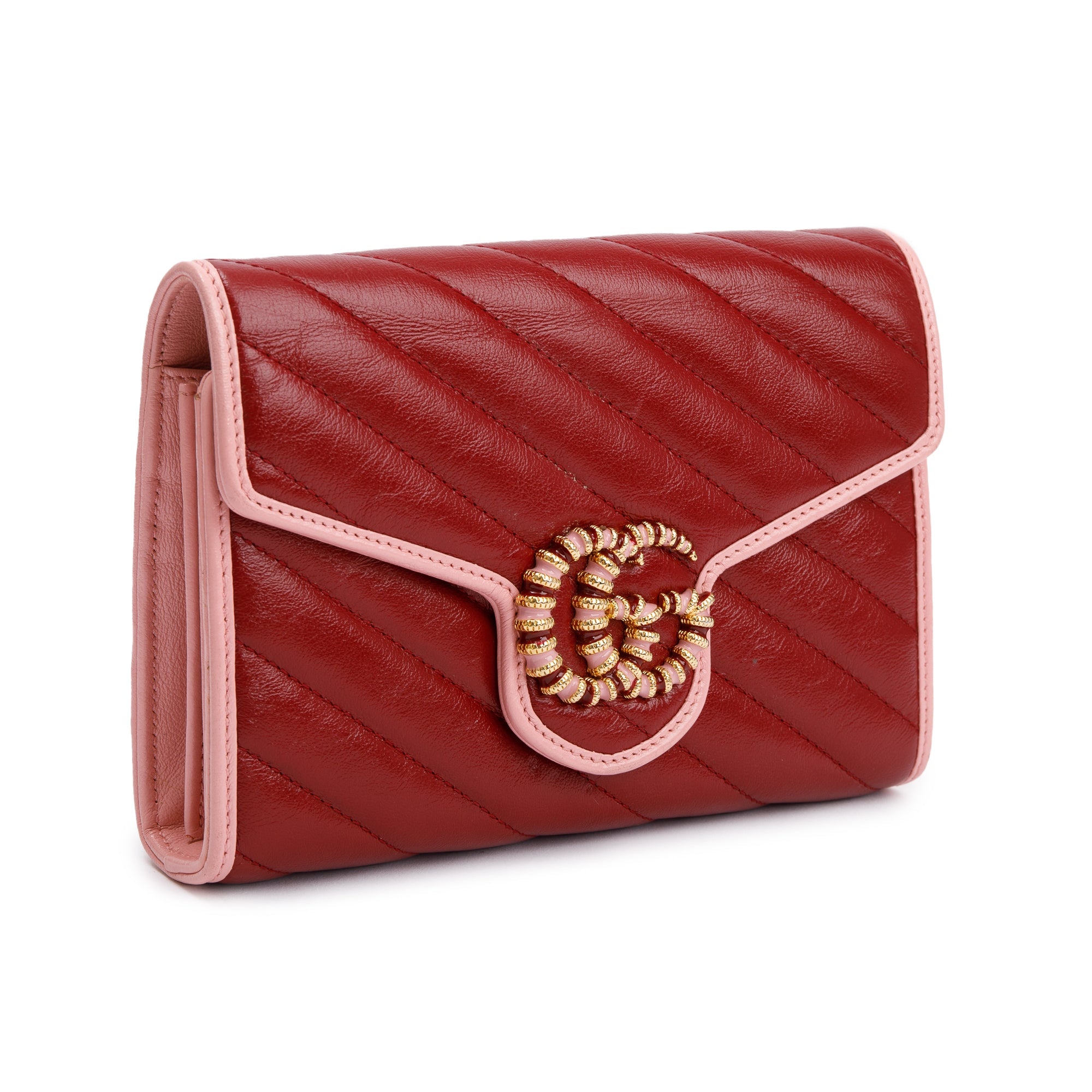 Gucci Red GG Marmont Azalea Calfskin Enamel Diagonal Torchon Wallet on Chain