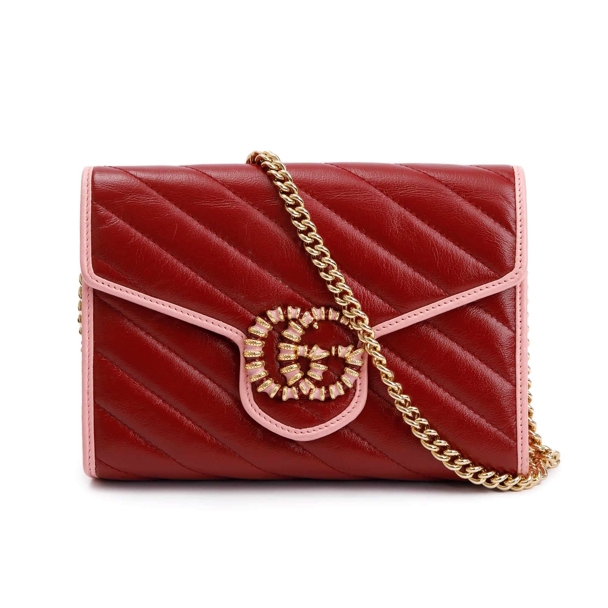 Gucci Red GG Marmont Azalea Calfskin Enamel Diagonal Torchon Wallet on Chain