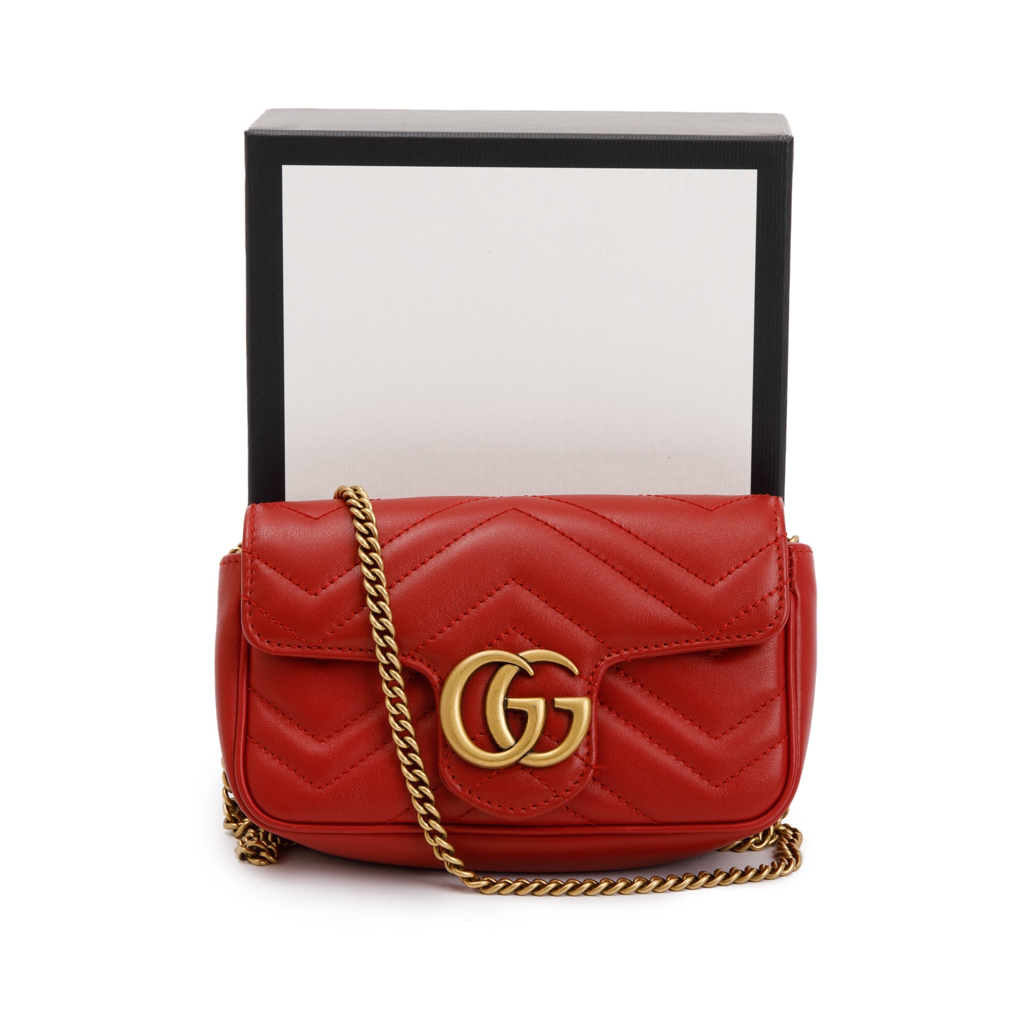 Gucci Red GG Marmont Matelasse Leather Super Mini Bag w/ Box