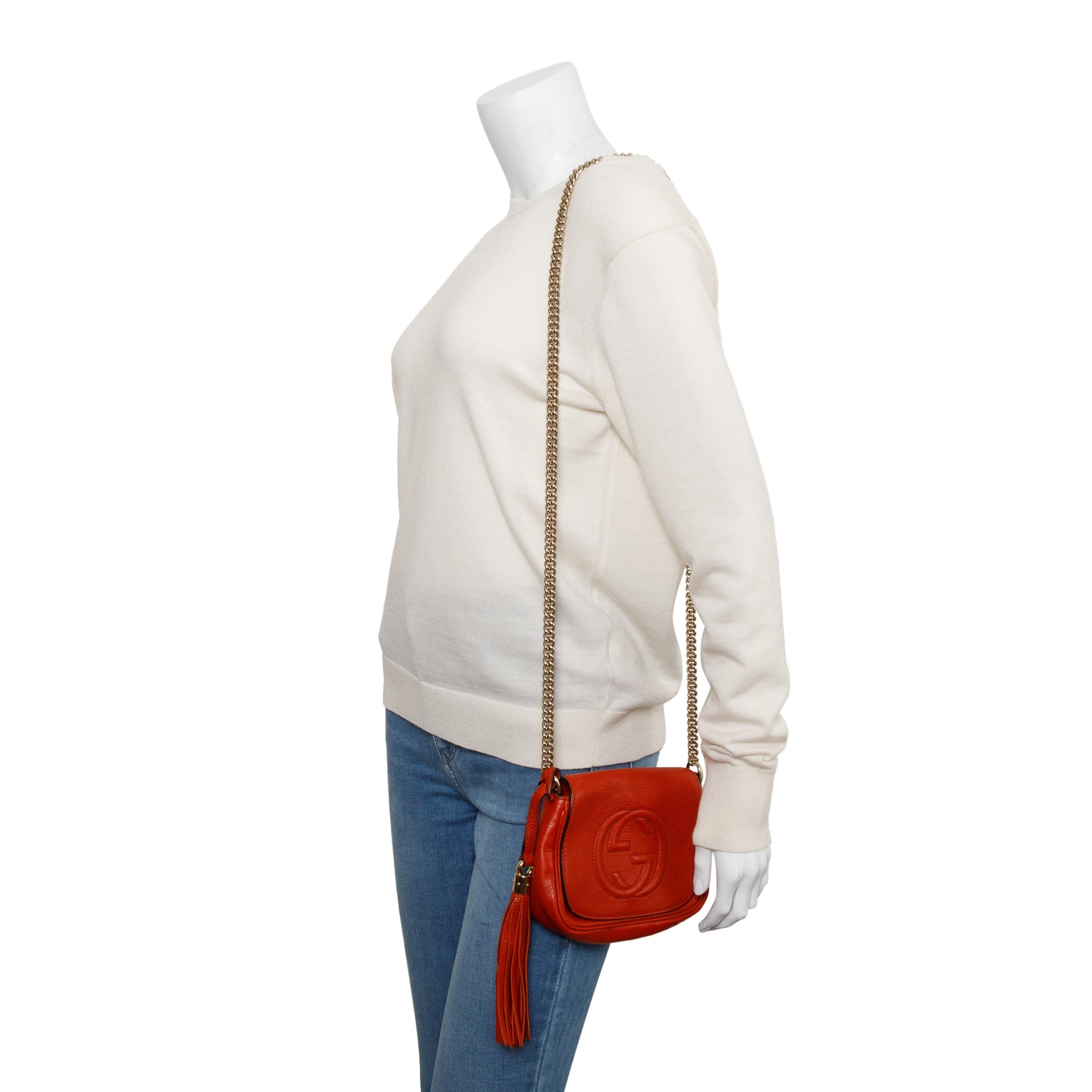 Gucci Red Grained Calfskin Leather Small Soho Chain Crossbody Bag