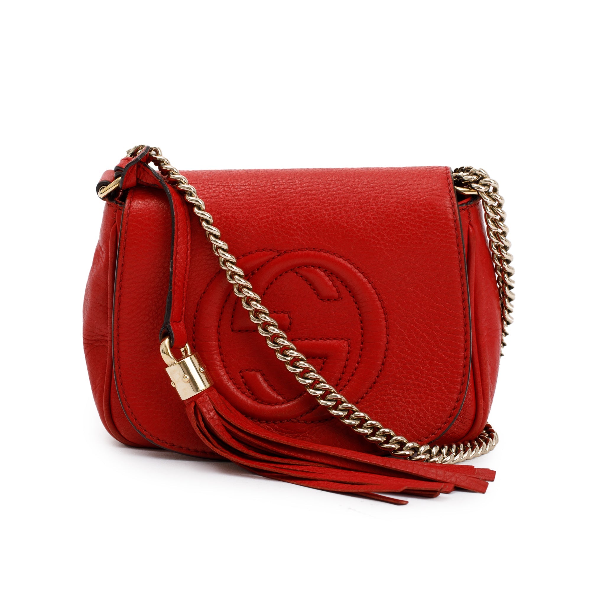 Gucci Red Grained Calfskin Leather Small Soho Chain Crossbody Bag