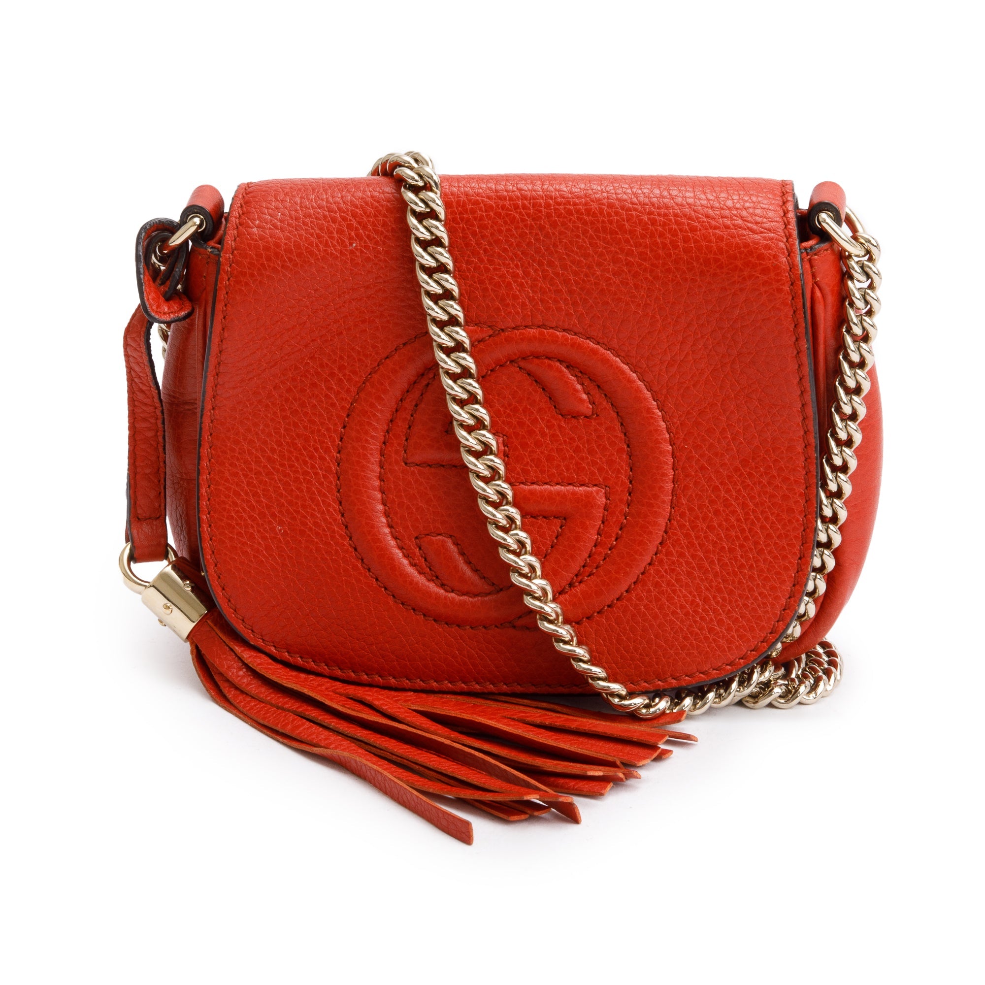 Gucci Red Grained Calfskin Leather Small Soho Chain Crossbody Bag