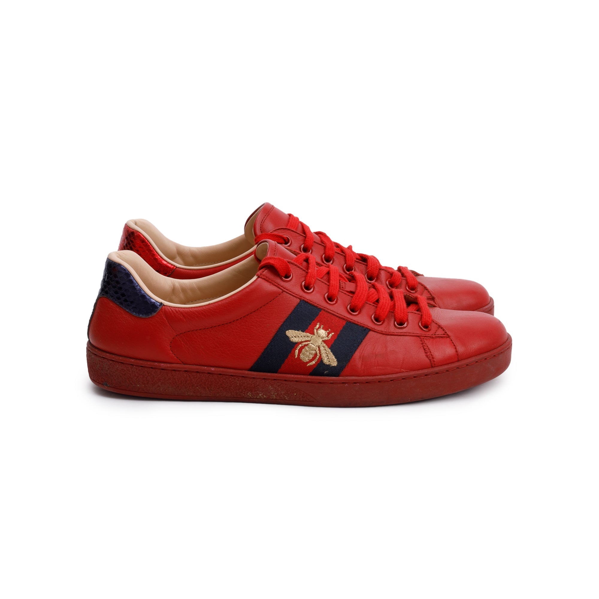 Gucci Red Leather Web Bee Embroidered Ace Sneakers, Size 8.5 w/ Box