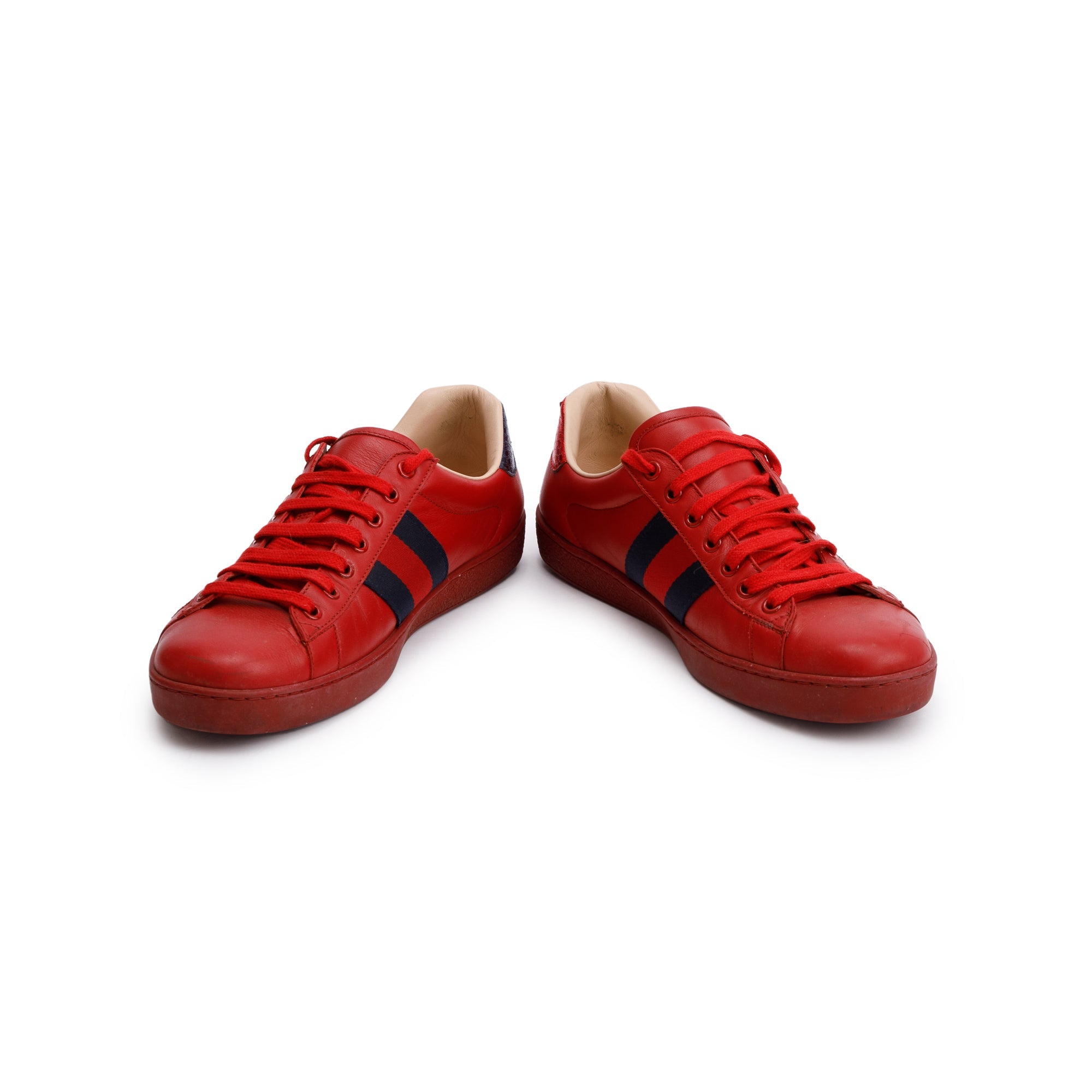 Gucci Red Leather Web Bee Embroidered Ace Sneakers, Size 8.5 w/ Box