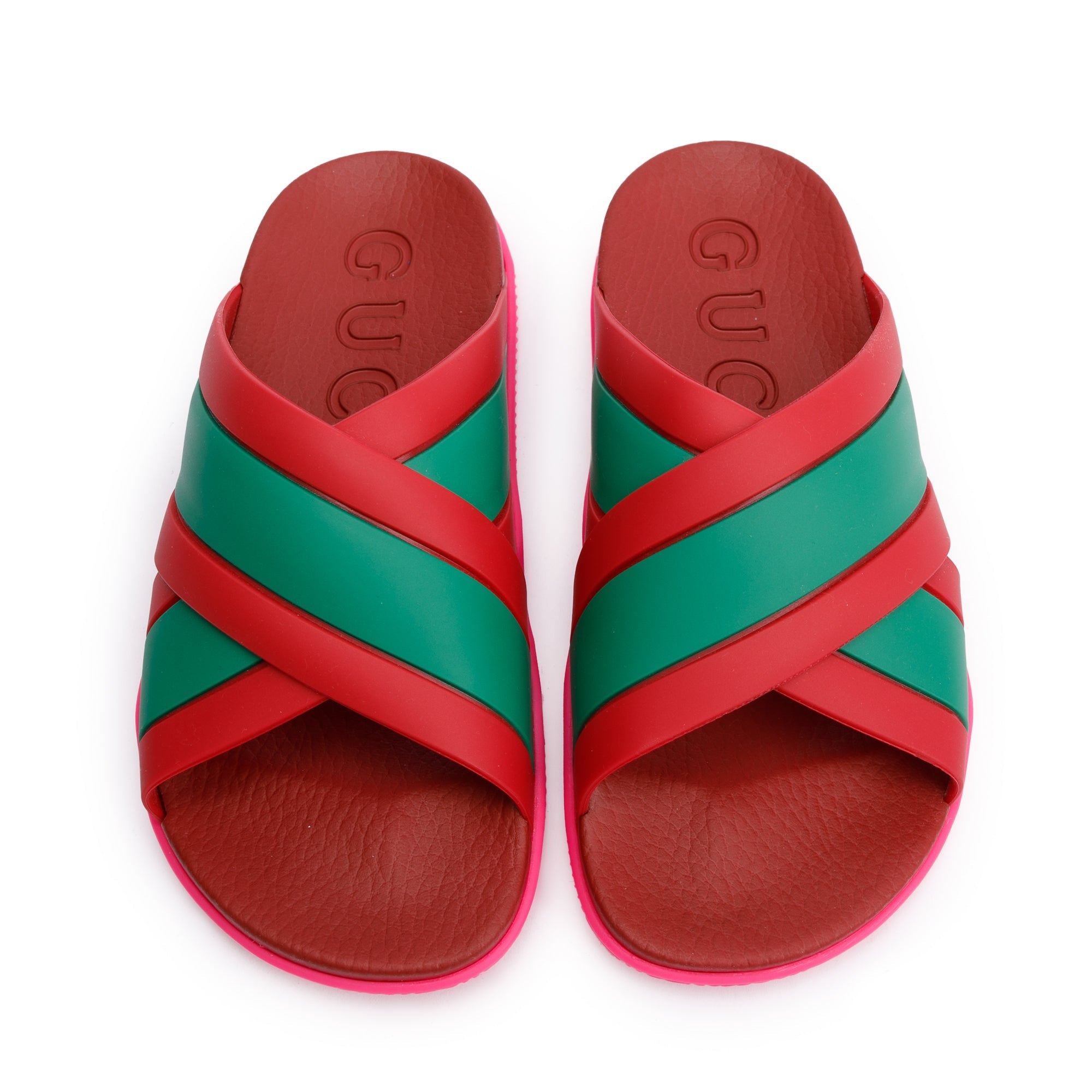 Gucci Red/Green Web Striped Rubber Slide Sandals, Size 37 w/ Box