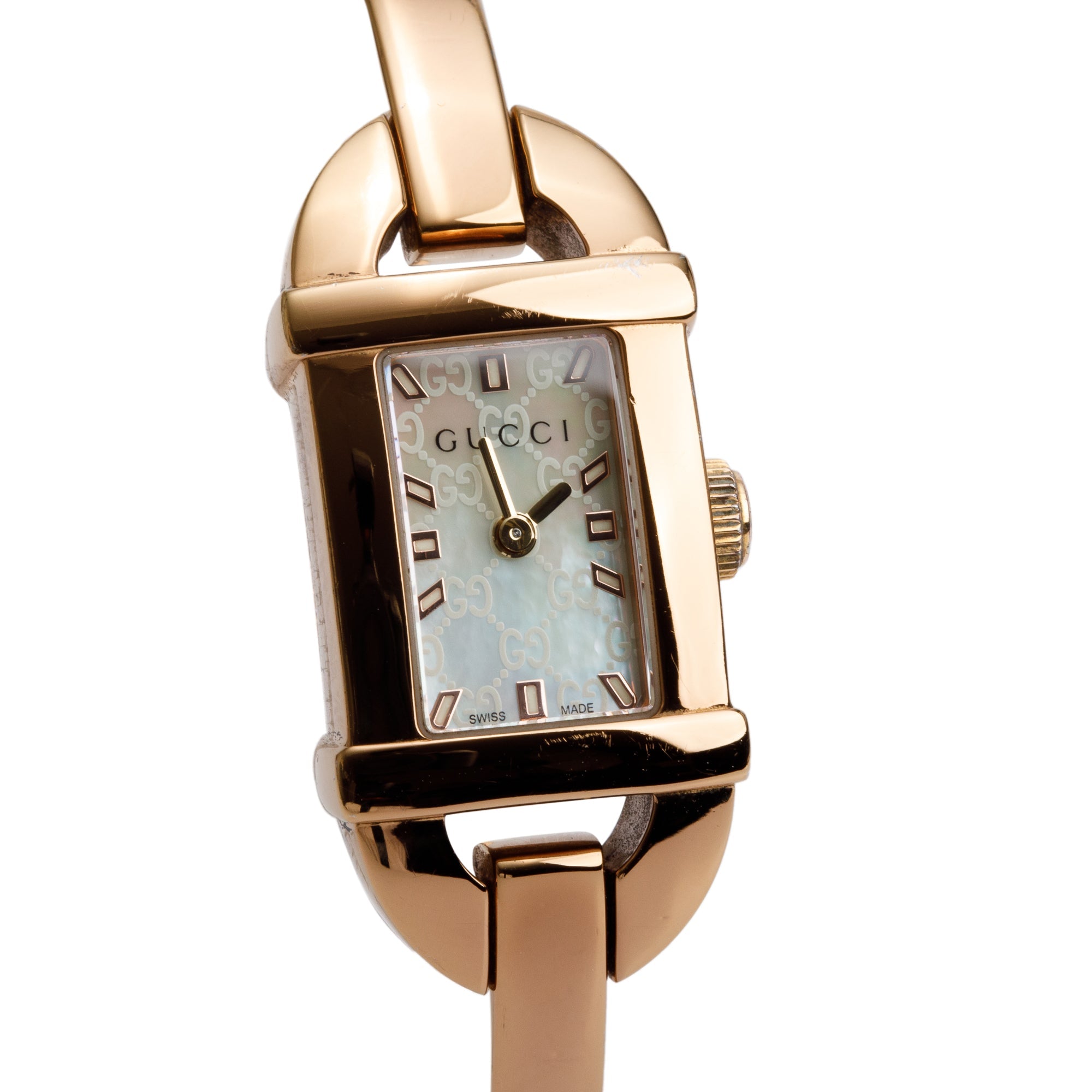 Gucci Rose Gold Plated Stainless Steel 6800 Series 16 MM Watch GG Mother of Pearl Dial