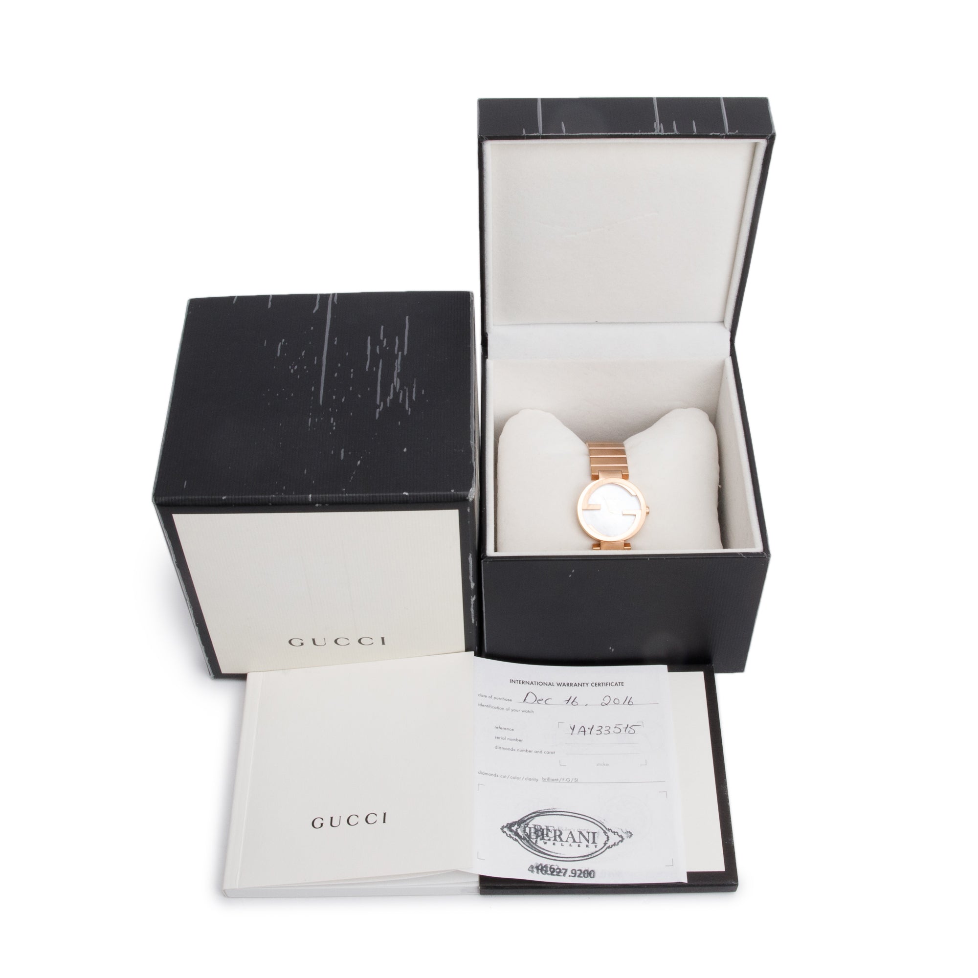 Gucci Rose Gold Plated Stainless Steel Interlocking G 29 MM Watch Mother of Pearl Dial w/ Box & Papers
