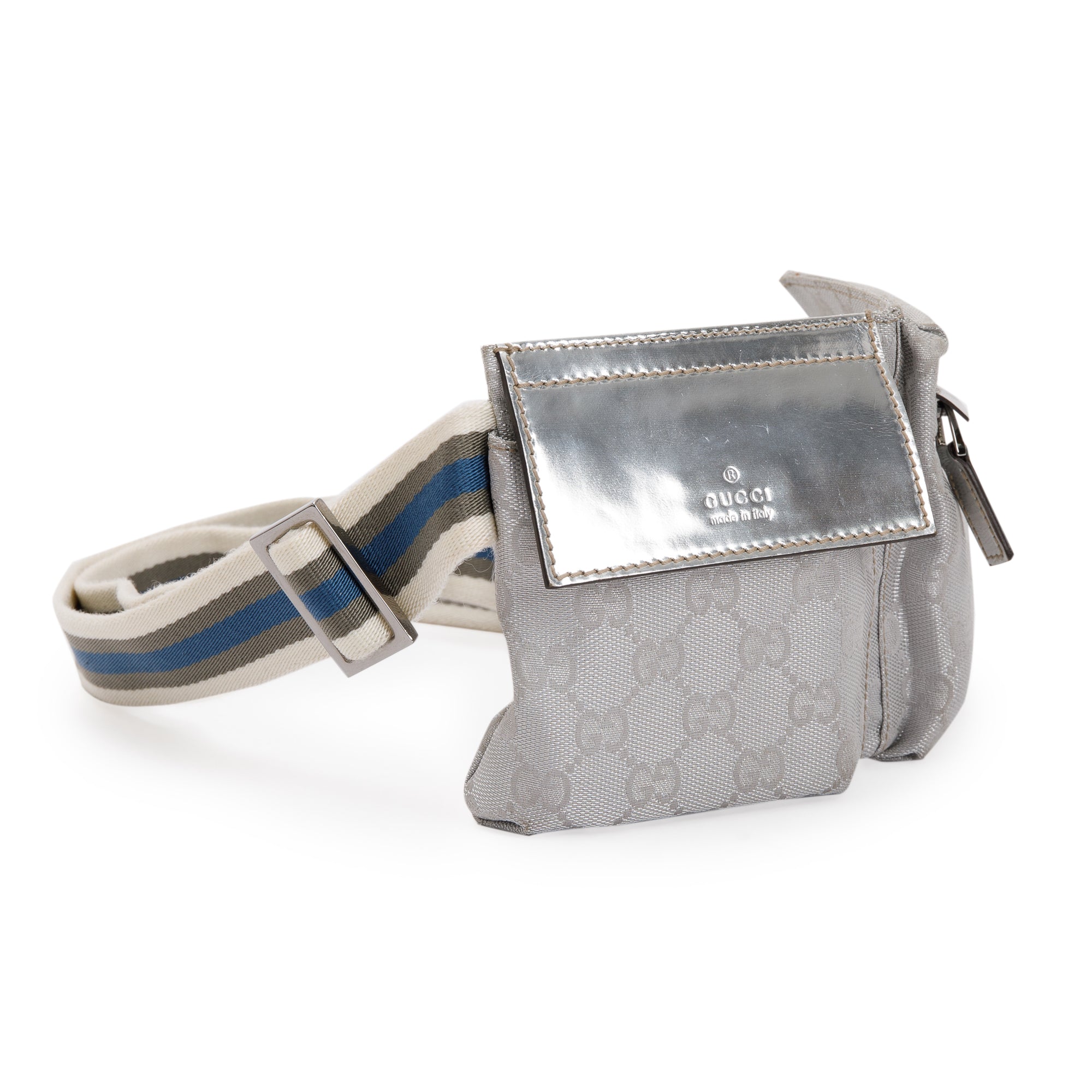Gucci Silver Leather GG Canvas Web Double Pocket Small Belt Bag