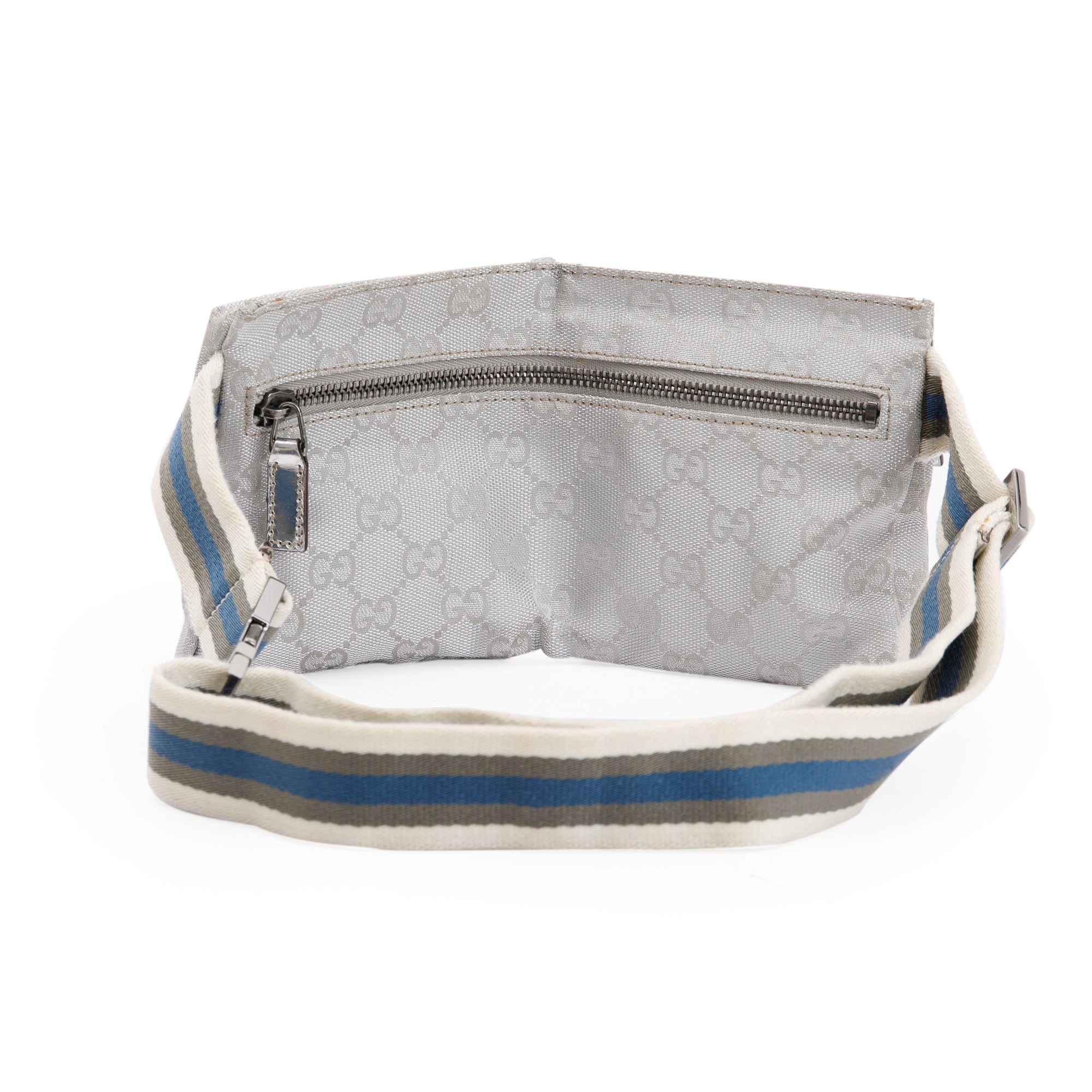Gucci Silver Leather GG Canvas Web Double Pocket Small Belt Bag