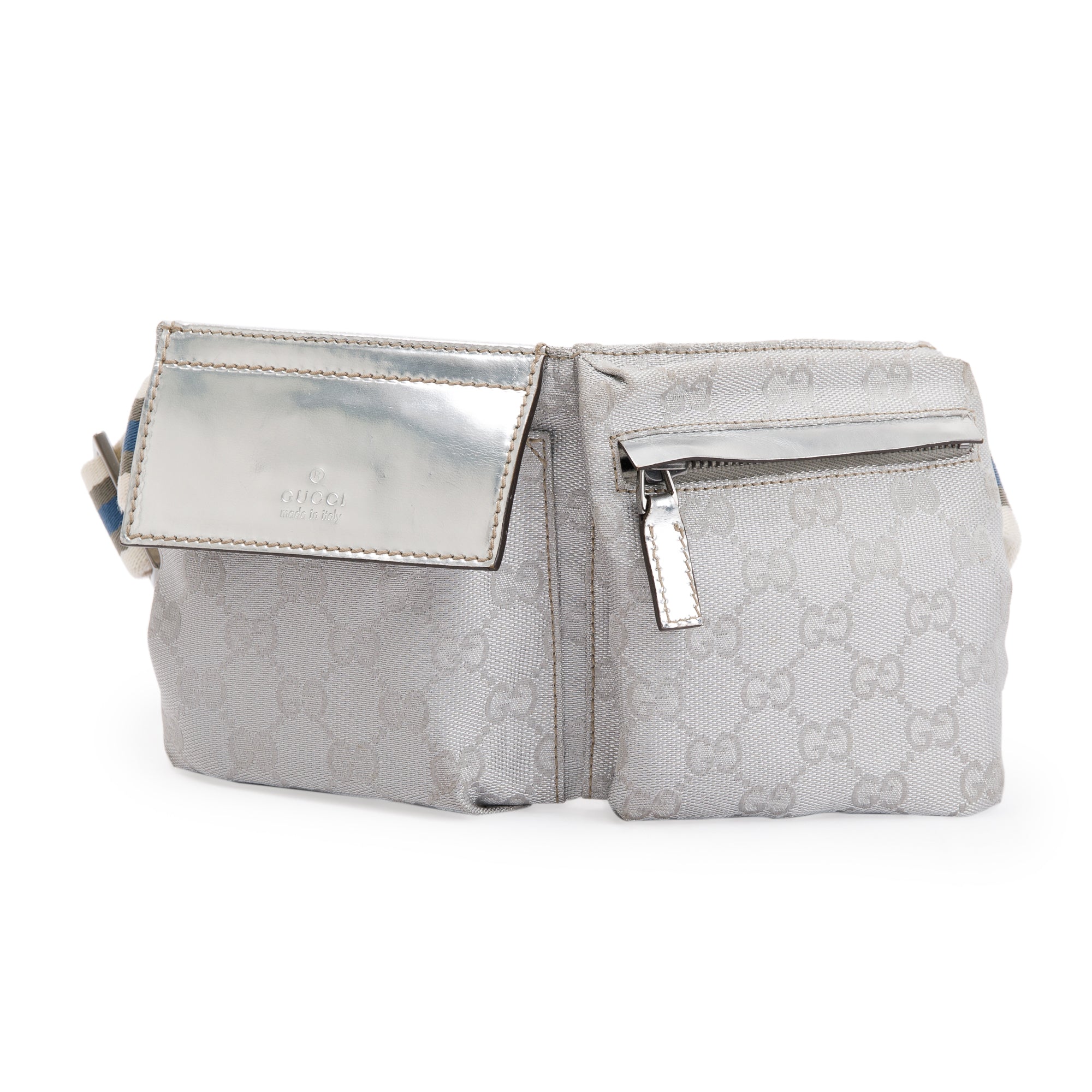 Gucci Silver Leather GG Canvas Web Double Pocket Small Belt Bag
