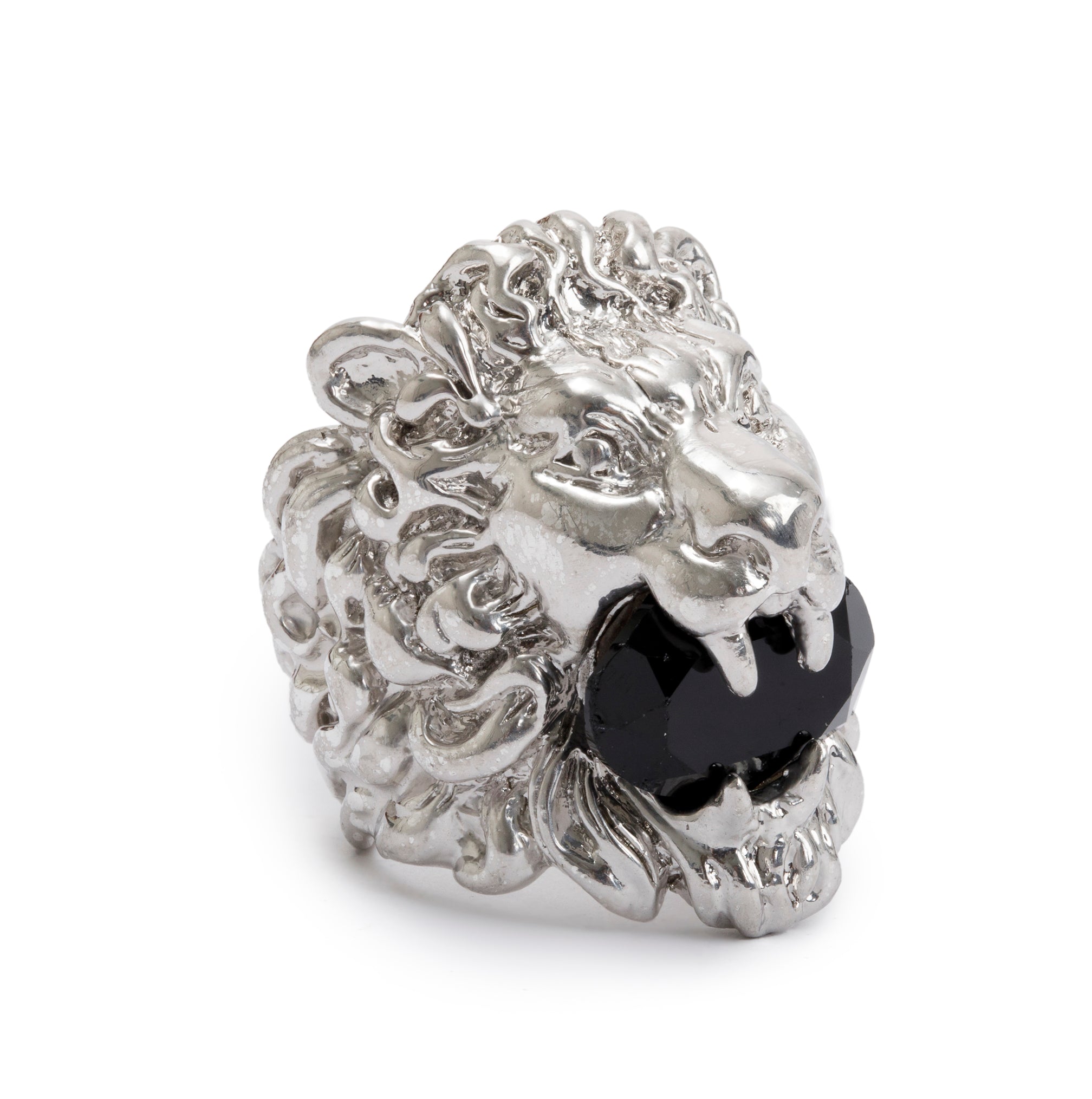Gucci Silver-Tone Metal Black Crystal Lion Head Ring, Size 16 7