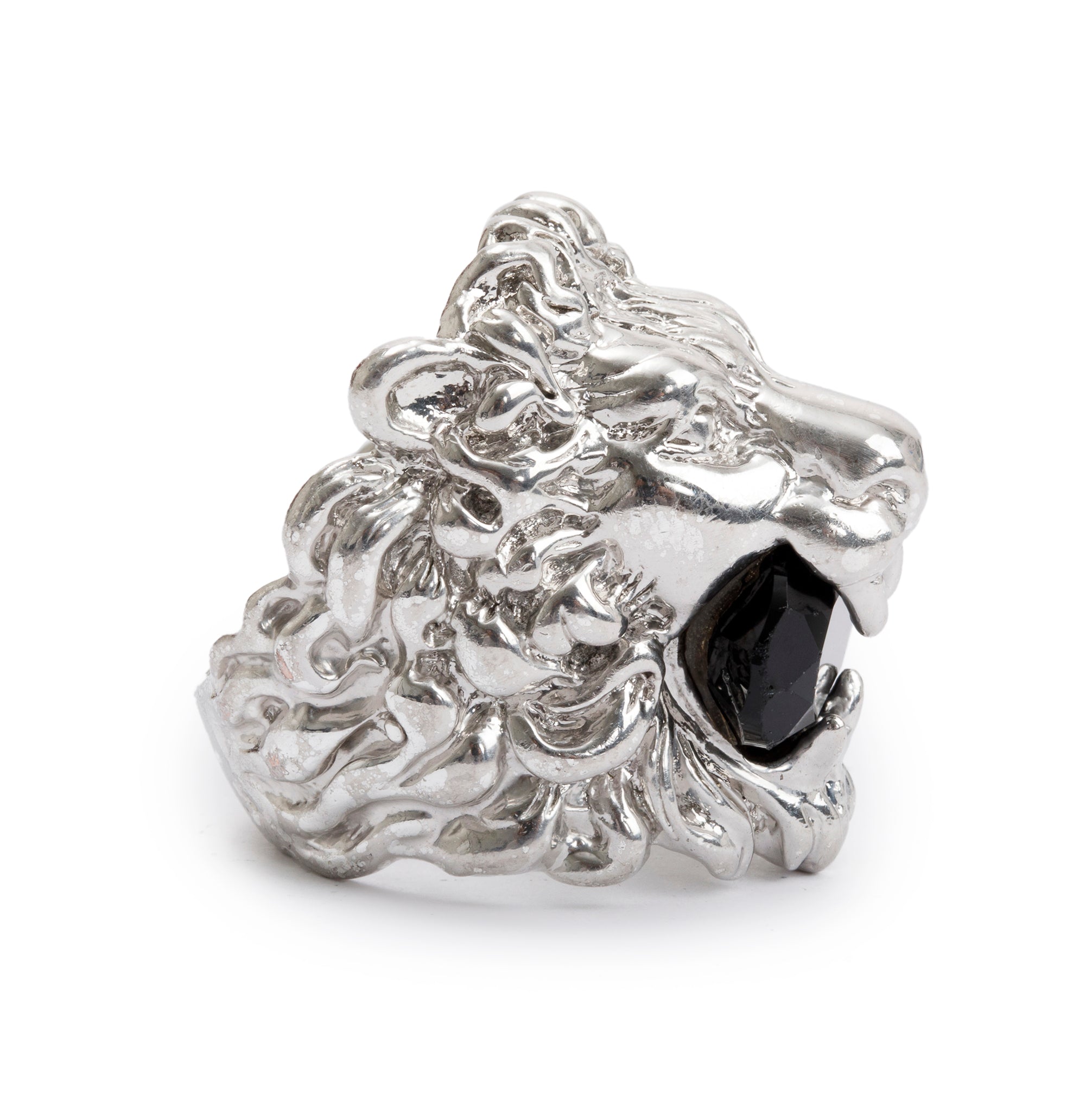 Gucci Silver-Tone Metal Black Crystal Lion Head Ring, Size 16 7