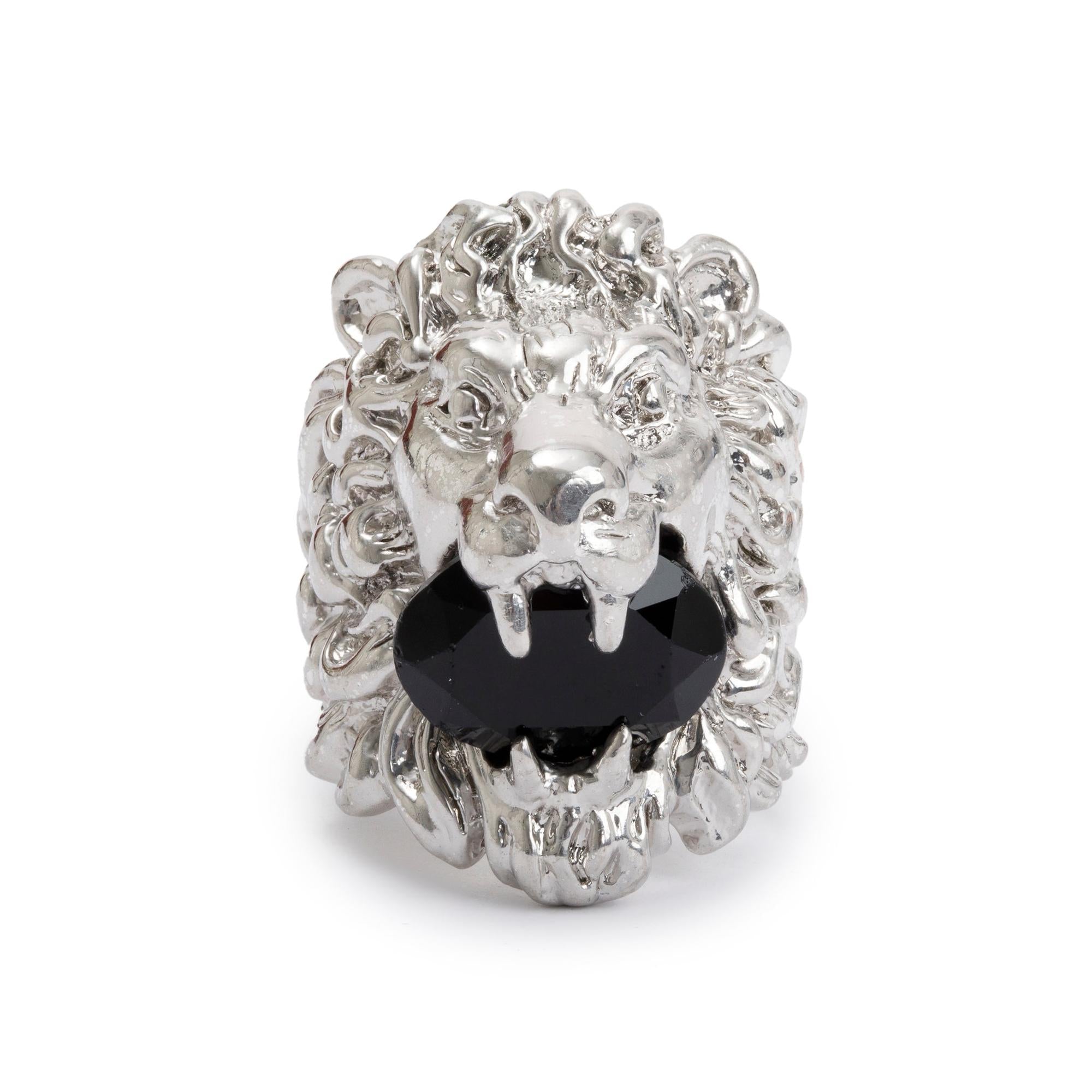 Gucci Silver-Tone Metal Black Crystal Lion Head Ring, Size 16 7