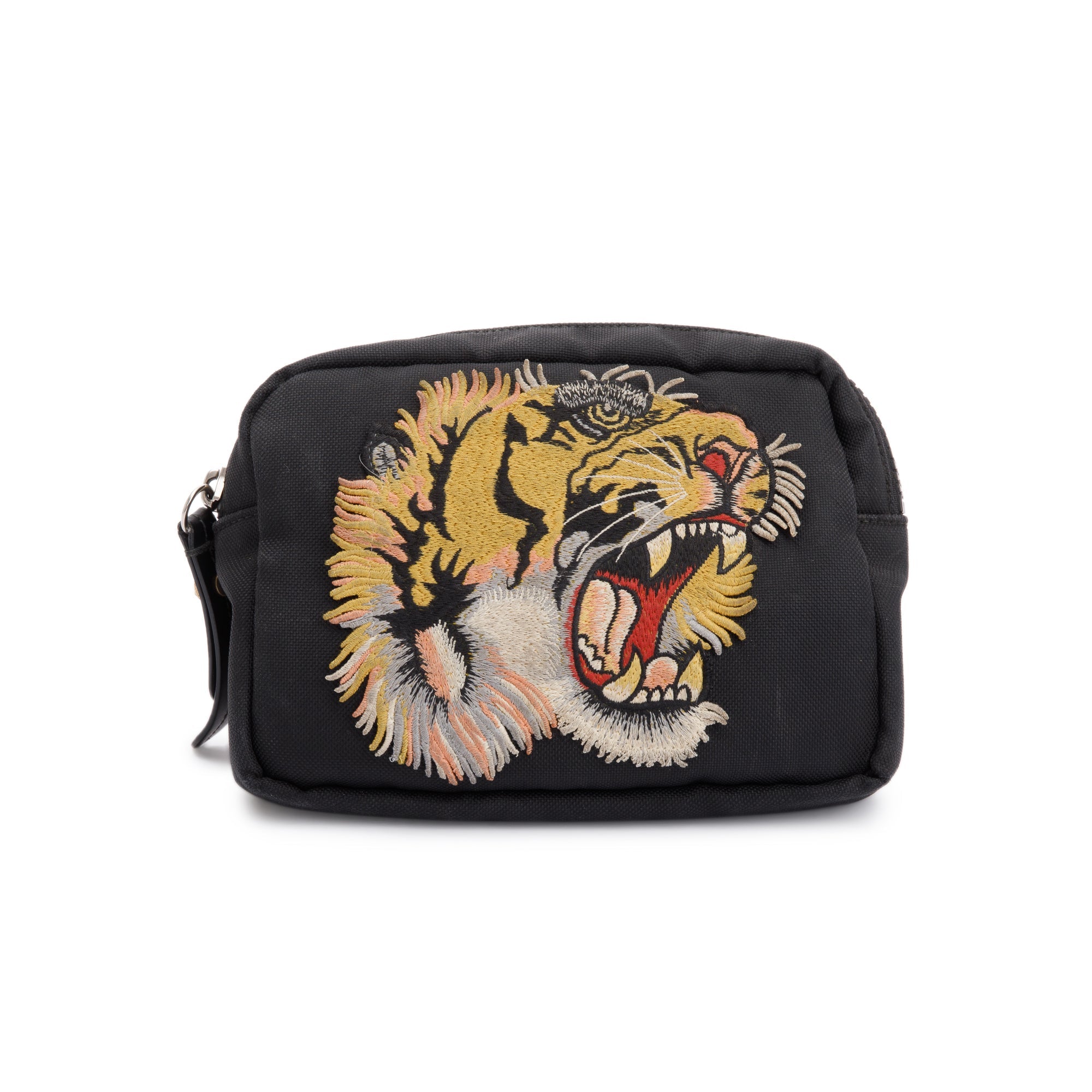 Gucci Small Black Techno Canvas Web Tiger Embroidered Belt Bag